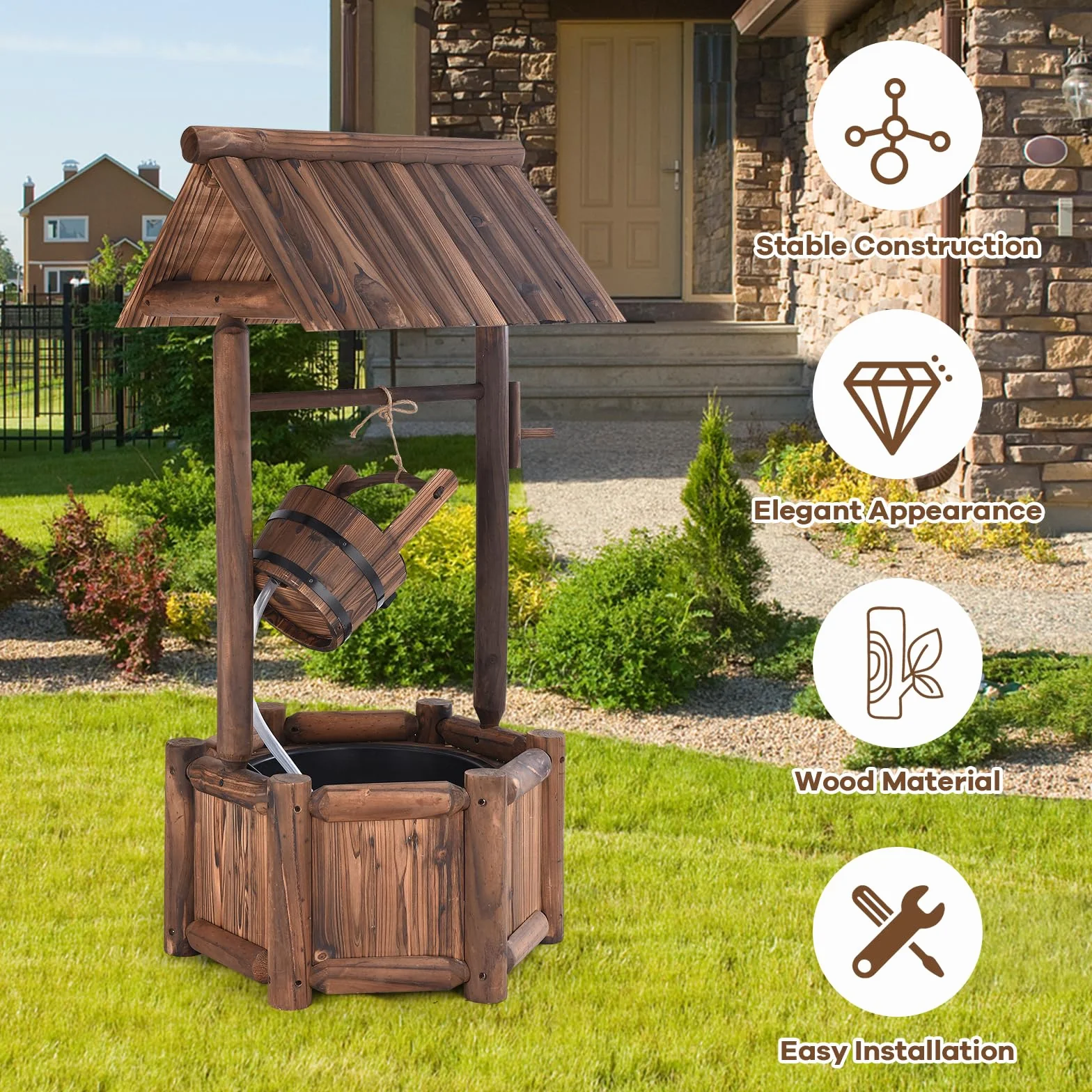 SOARS Fontana da giardino con tetto per esterni, fontana in legno con pompa elettrica e secchio in legno, fontana decorativa per cortile e prato, 59 x 56 x 115 cm