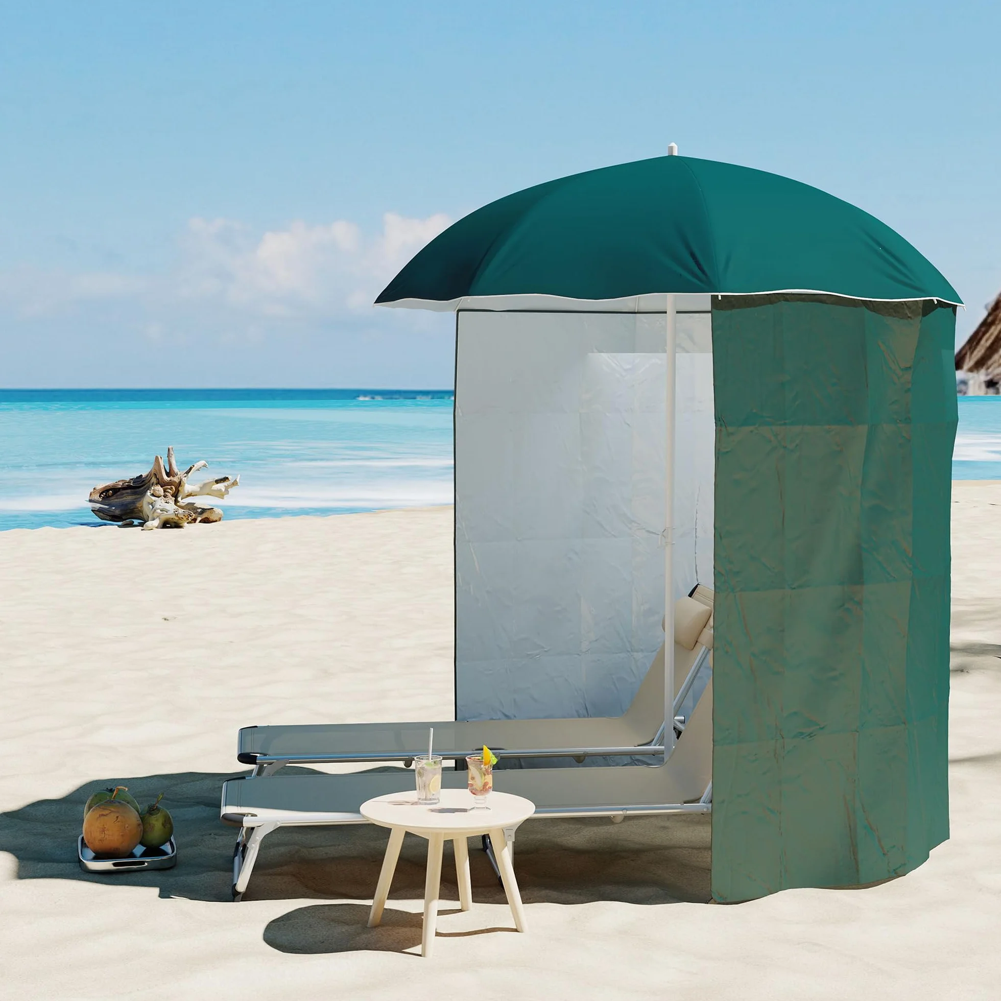 Outsunny Ombrellone da Spiaggia Ø2.2x2.2 m con Tendina Laterale, Sacchi per Sabbia e Picchetti