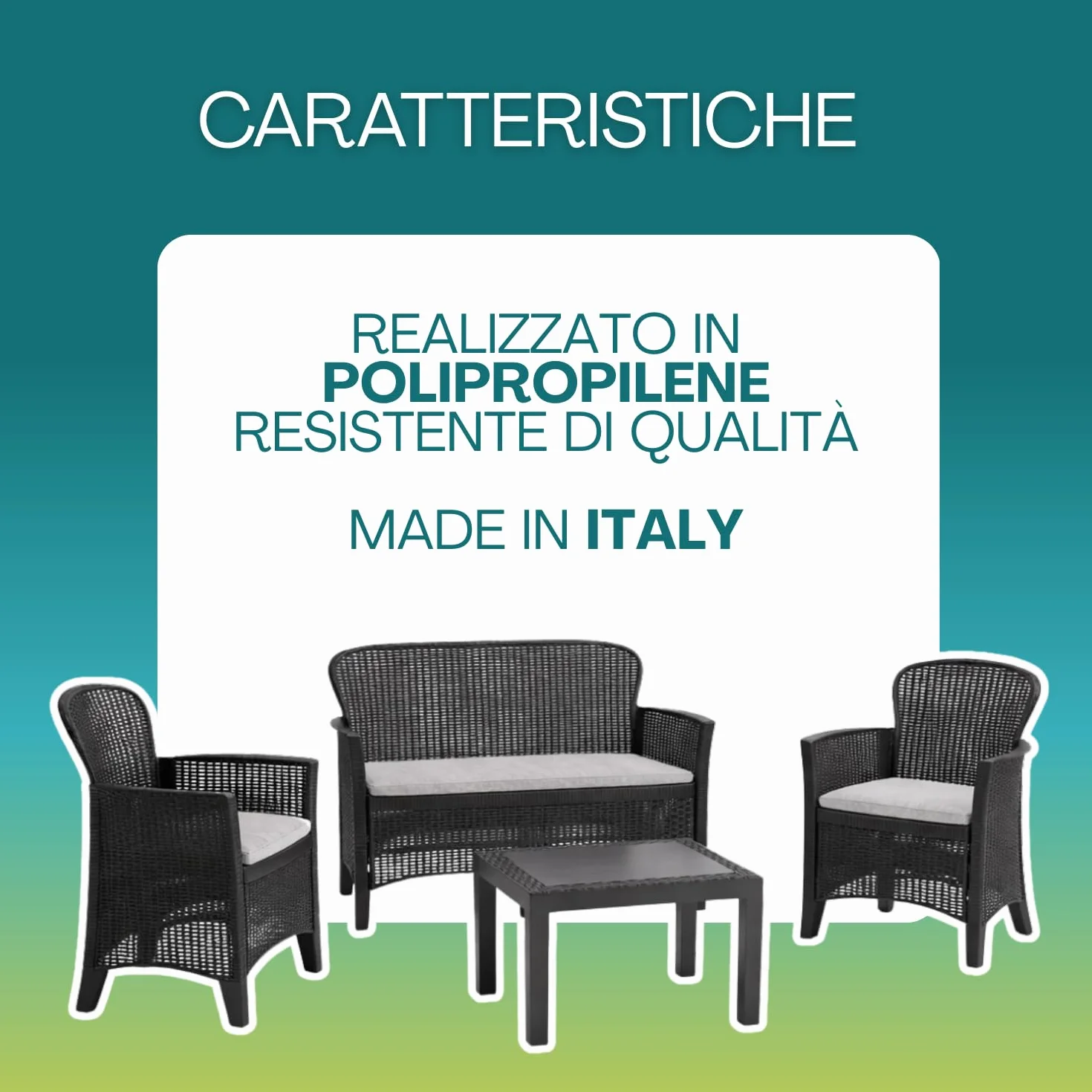 VIRSUS Set Salottino da Giardino per 4 Persone, Composto da: 2 Poltrone, 1 Divano a 2 Posti e 1 Tavolino, Cuscini per comoda Seduta, Design Rattan di colore Antracite, Interno ed Esterno -JUN6043F