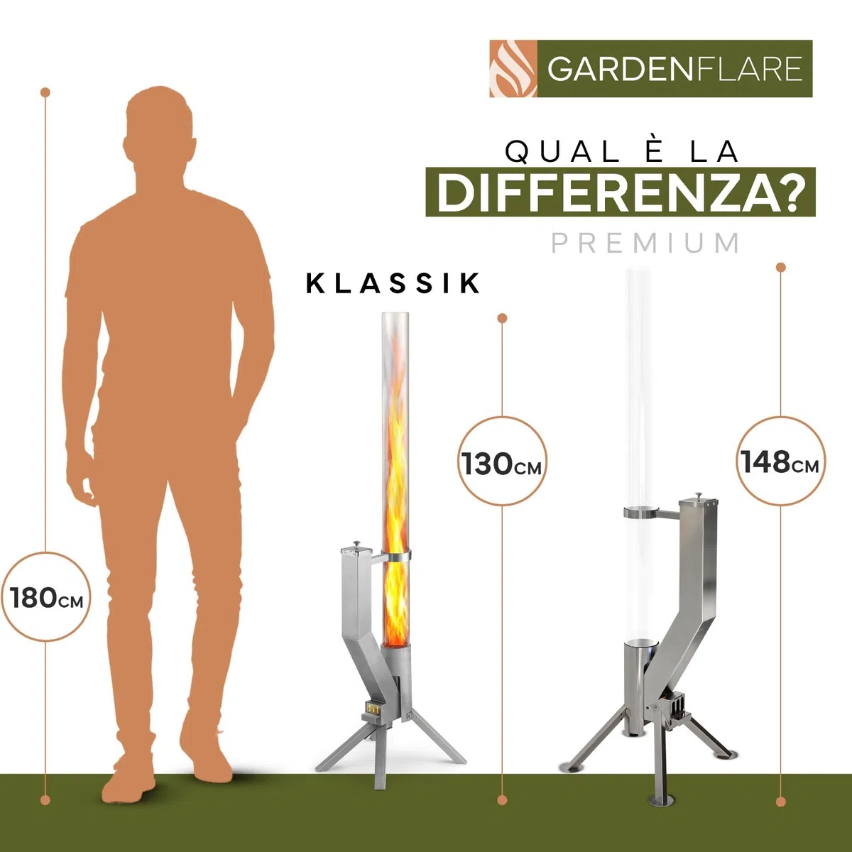 GARDENFLARE Colonna di Fuoco in Acciaio Inox e Torcia a Pellet per un'Atmosfera Incantevole – Elegante Alternativa ai Riscaldatori da Terrazza e ai Camini da Giardino per la Tua Terrazza (Argento)