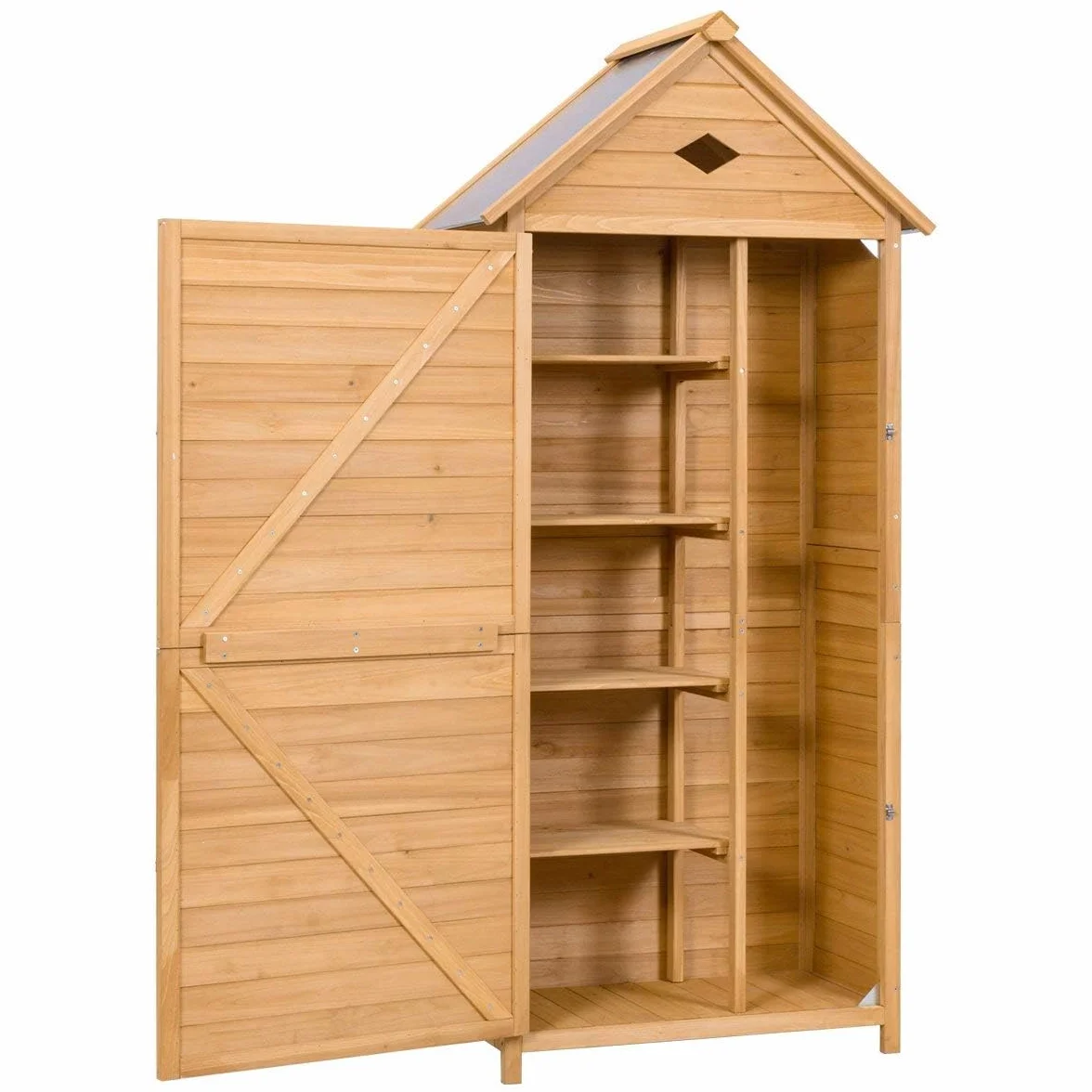 RELAX4LIFE Armadio da Esterno in Legno Massello con Tetto in Lamiera Zincata – Impermeabile e Antiruggine – 4 Ripiani Regolabili + Scomparto Alto per Attrezzi (80x45x177cm)