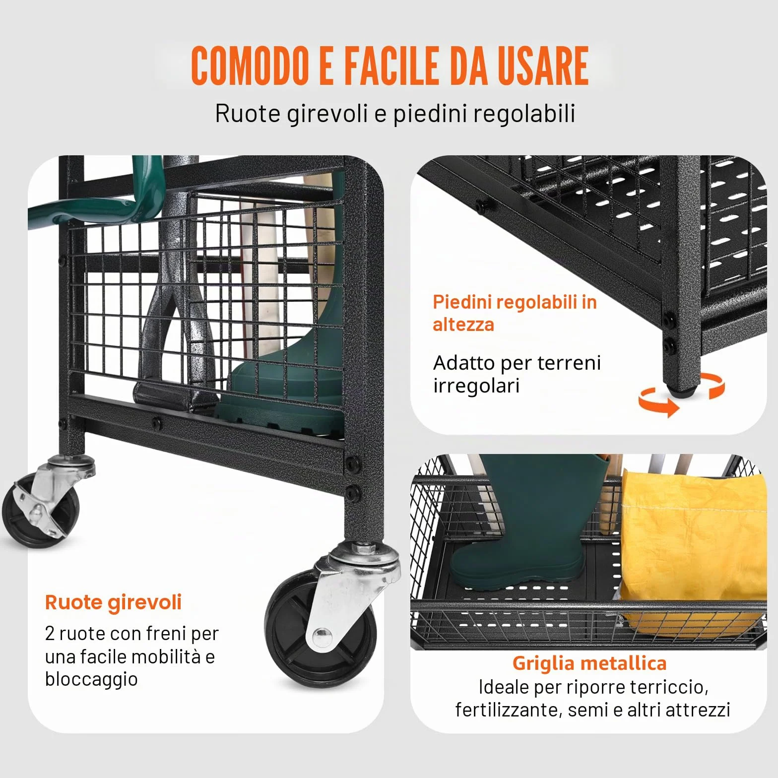 VEVOR Porta Attrezzi da Giardino 16 Slot Ganci, Organizzazione Stoccaggio in Metallo PP con Ruote per Garage Officina
