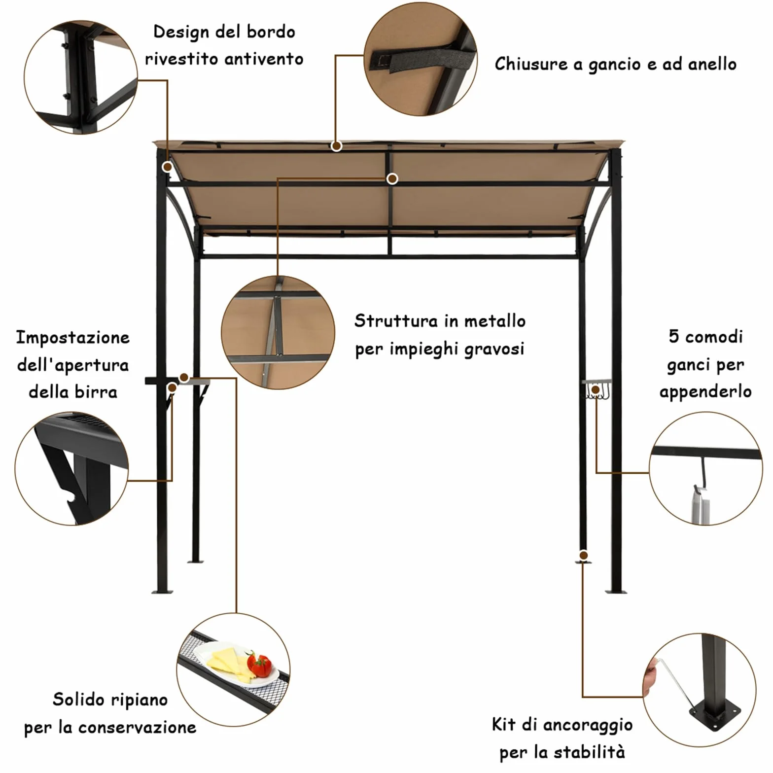 COSTWAY Gazebo per Barbecue 216x134x211 cm Pergola da Giardino con Ripiano e Ganci