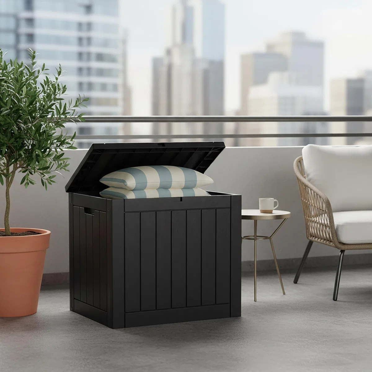 Relaxdays Baule da Giardino Resistente alle intemperie e ai Raggi UV con Cuscini e Attrezzi, 53x56x43 cm, Nero