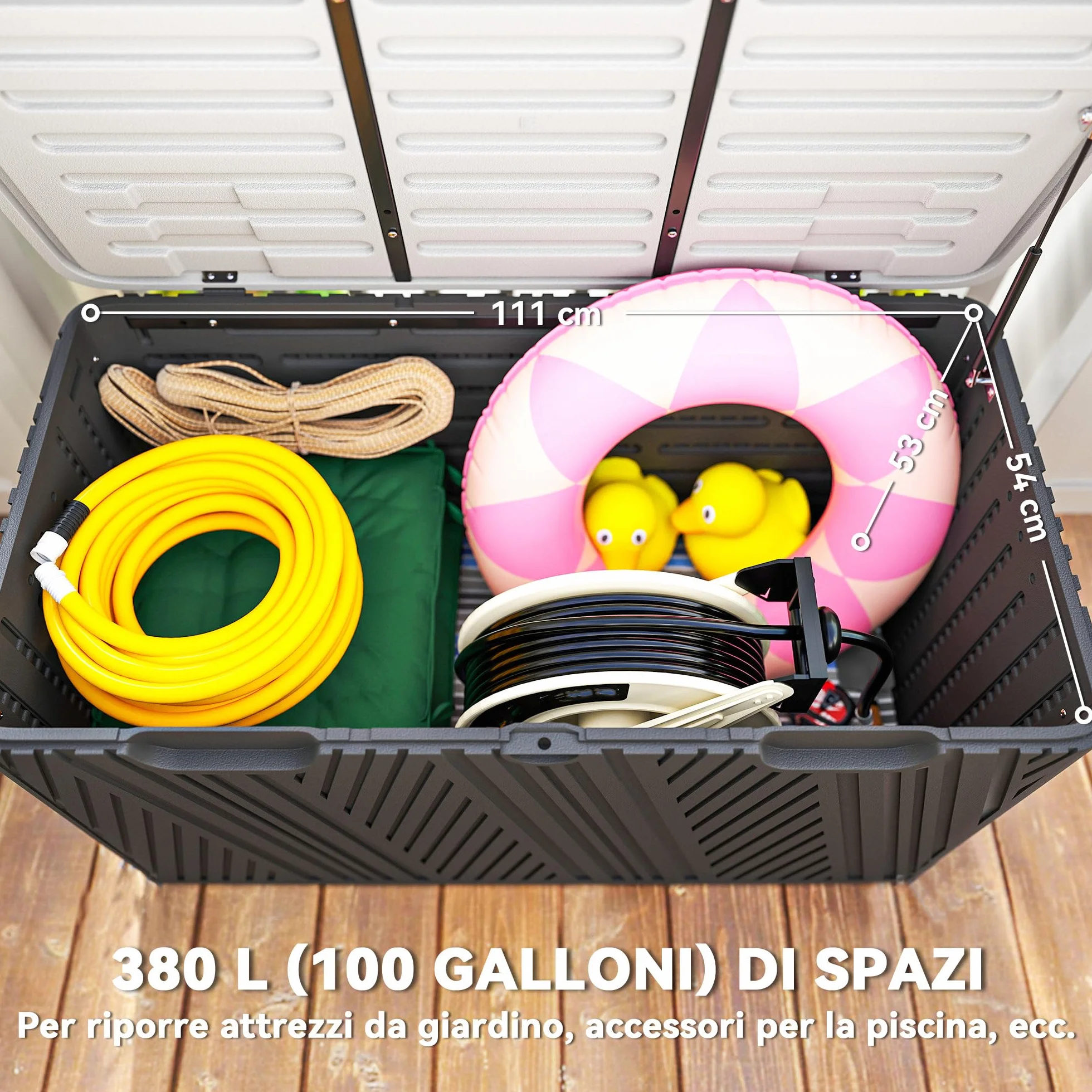 Outsunny Baule da Esterno da 380L Impermeabile in HDPE, Cassapanca Contenitore da Esterno con Coperchio a Leva e 2 Maniglie Laterali, Protezione UV, 115x60x60 cm, Nero e Grigio