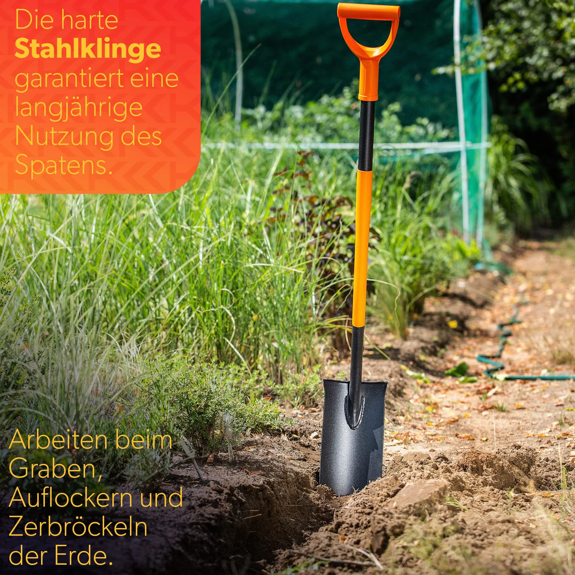 Spaziali di drenaggio Kadax, sponsor di drenaggio con mantello D, pala in acciaio, pala di pizzo con stelo, vanga da giardino ai fori, paletta di drenaggio, vanga (121 cm, nero/arancione)