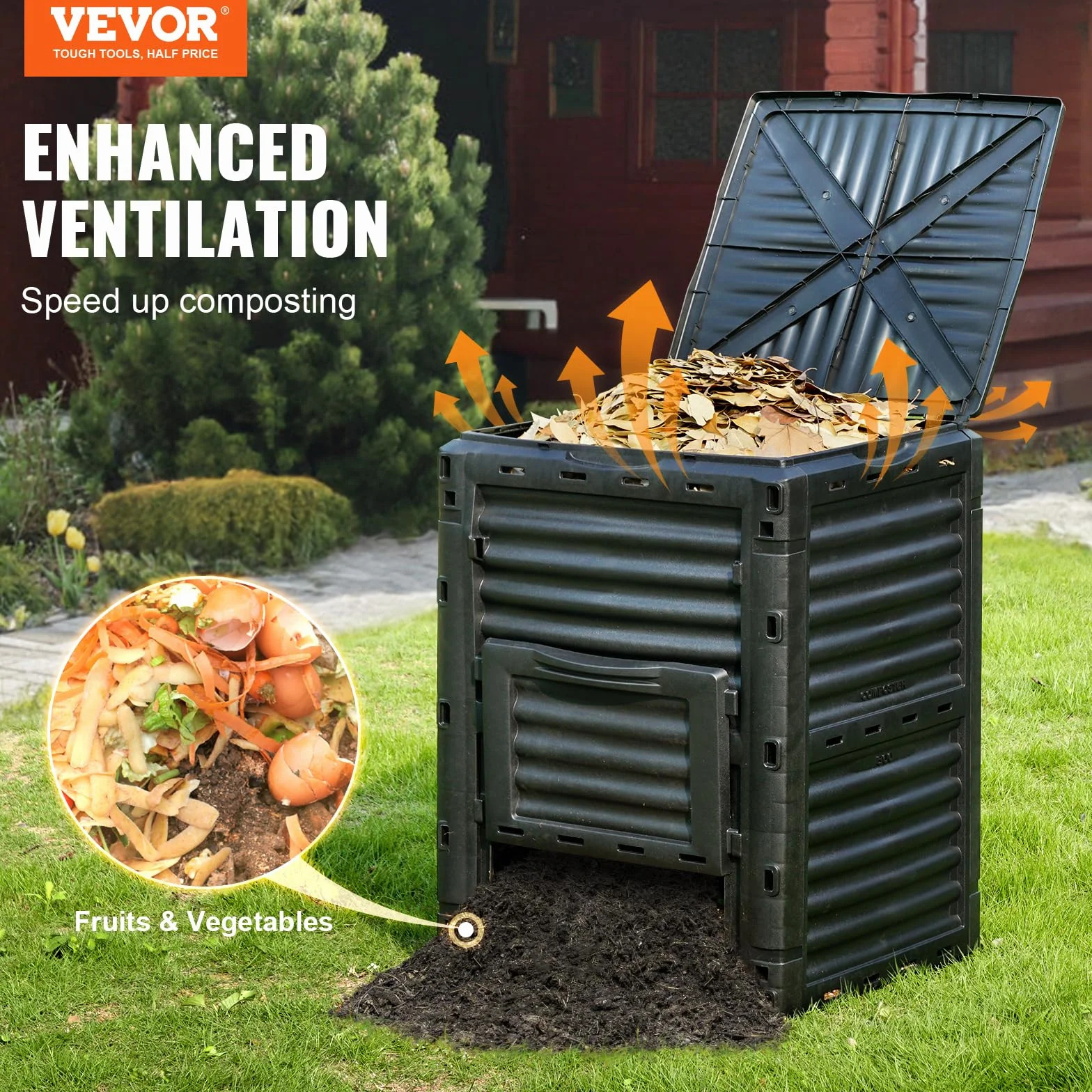 VEVOR Compostiere da Giardino 300 L Contenitore per Compost Esterni Senza BPA