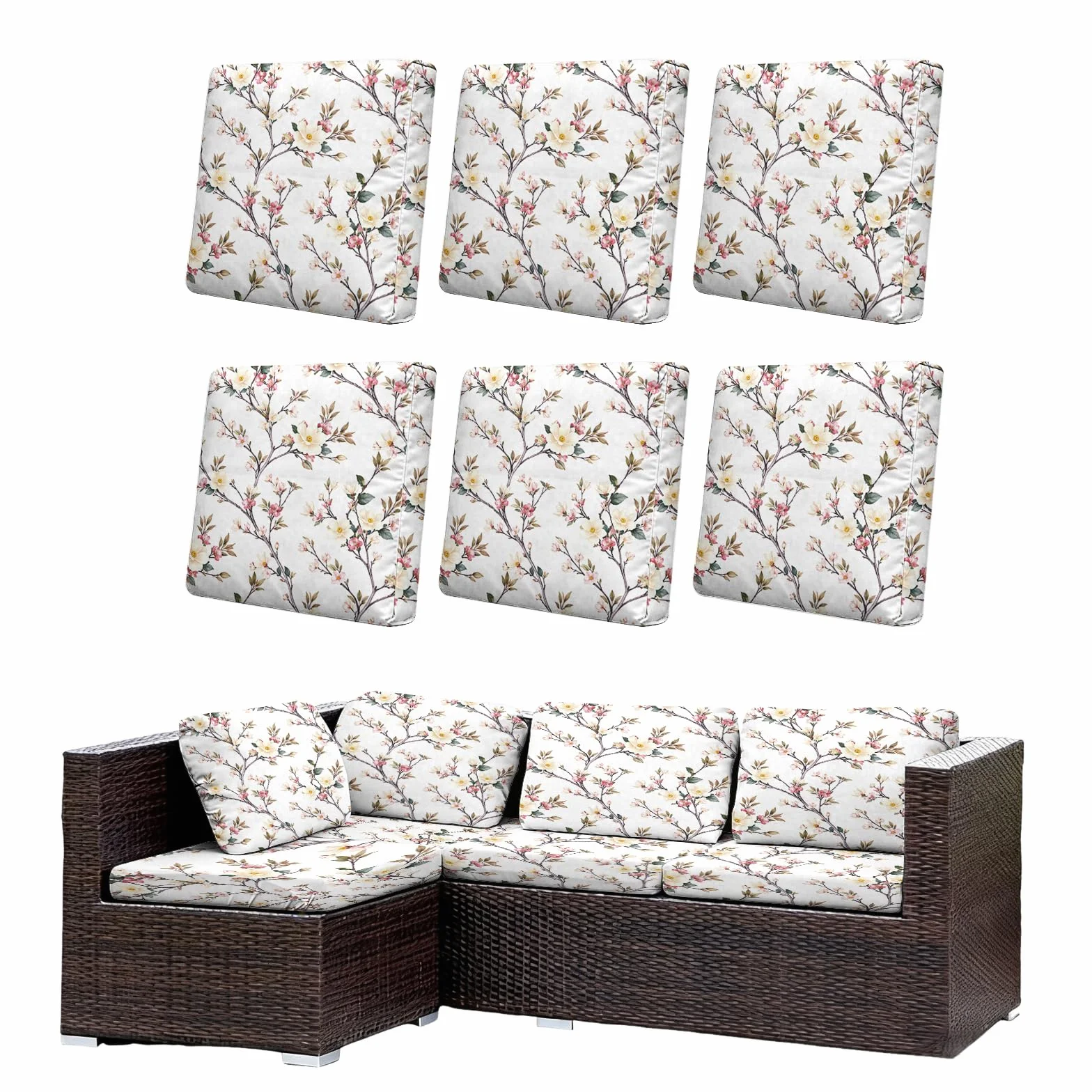 Morbuy Copricuscini Impermeabili per Esterno Giardino Patio, Set 6/8, Divano Angolare in Rattan (Alberi in fiore)