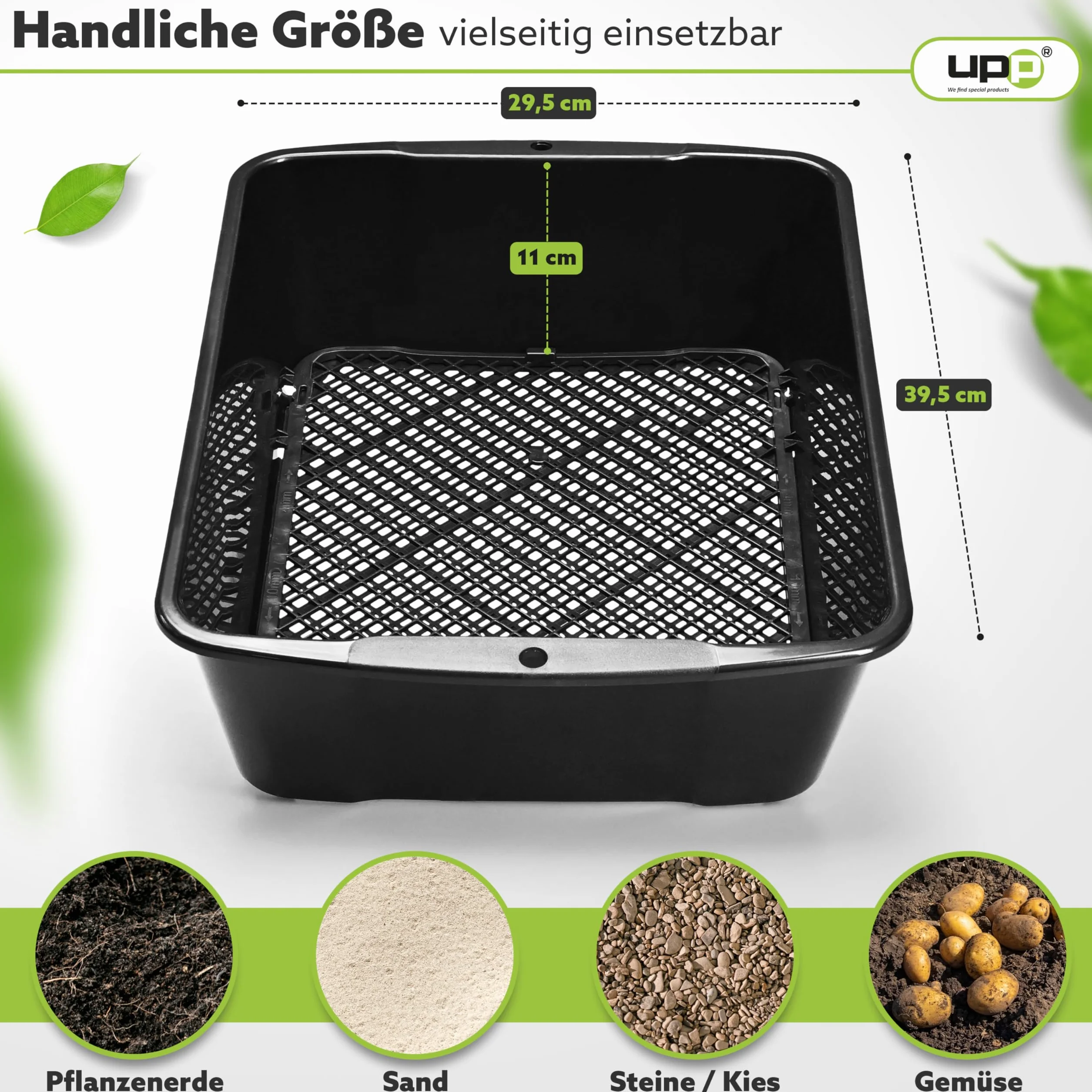 UPP 2-in-1 Setaccio da Giardinaggio 10mm 4mm Maglia Intercambiabile 39,5x29x11 cm Nero