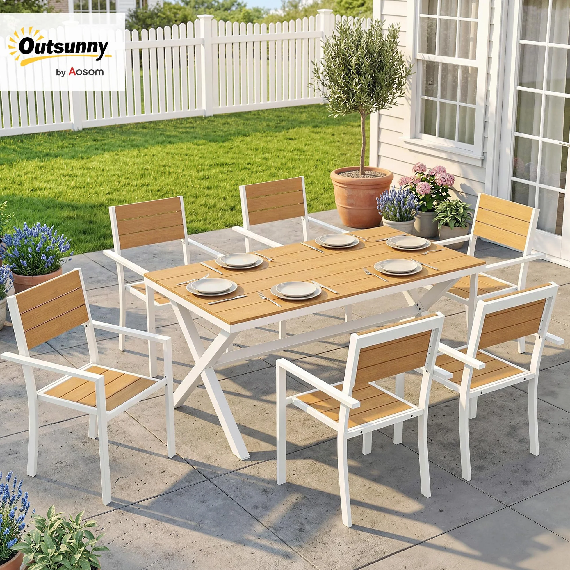 Outsunny Set Tavolo e Sedie da Giardino 7 Pezzi, Alluminio, 6 Sedie Impilabili, Tavolo Effetto Legno, Teak