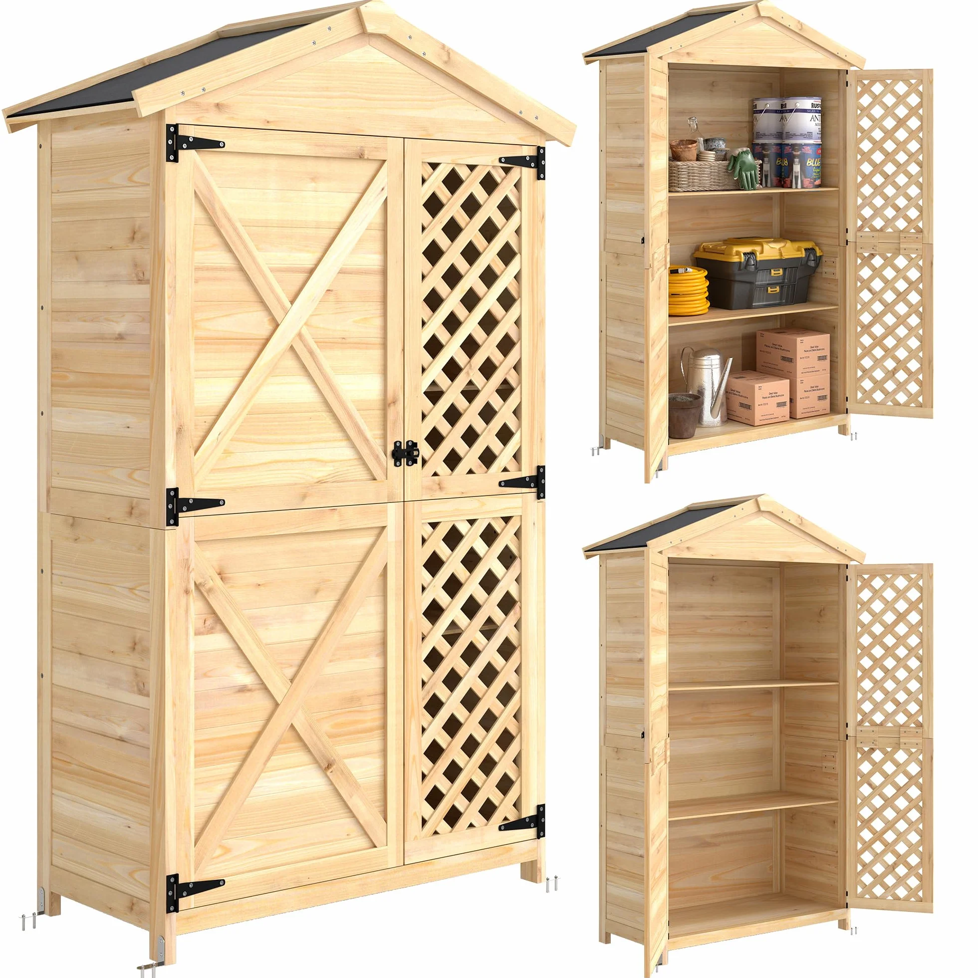 Outsunny Armadio da Giardino in Legno di Abete con Ante Ventilate e Kit Antiribaltamento, Casetta Porta Attrezzi da Esterno con Ripiani Rimovibili e Tetto Inclinato in Asfalto, Colore Legno