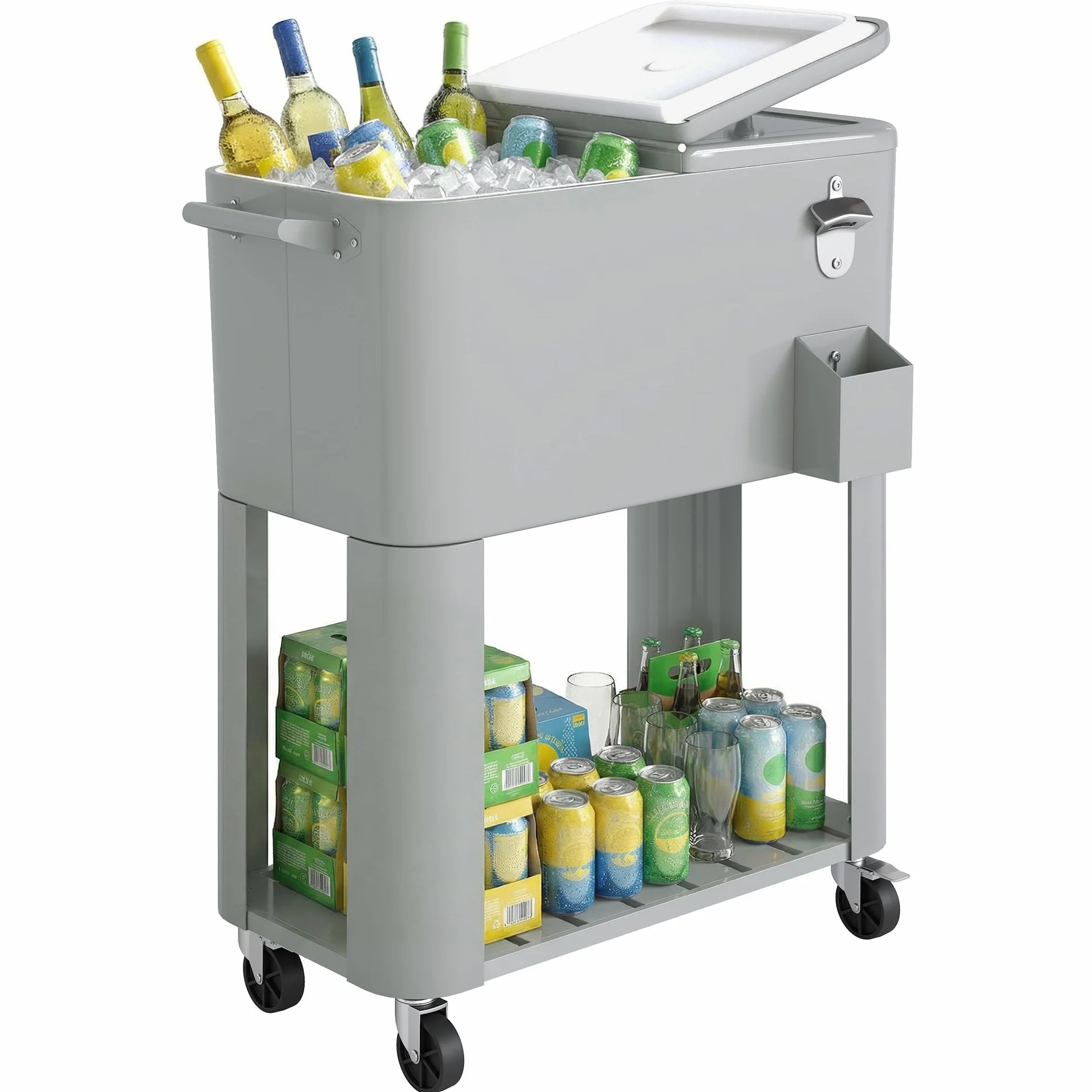 Outsunny Ghiacciaia da Giardino 76L, Carrello Portavivande con Ripiano, Apribottiglie, Ruote Bloccabili, Argento
