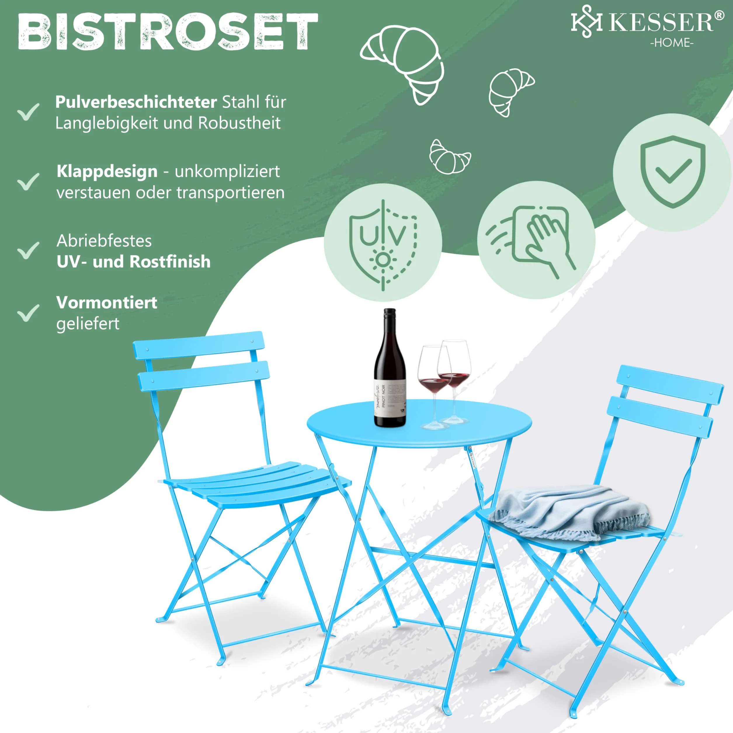 KESSER® Set da bistrot 3 pezzi con 2 sedie pieghevoli, tavolo in metallo, copertura