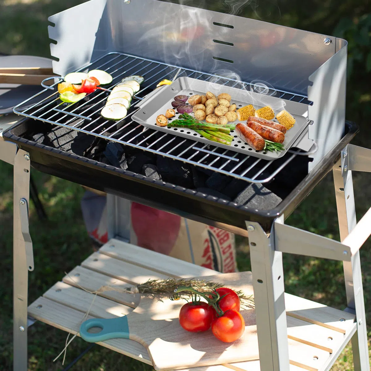 Onlyfire Set di 3 Pezzi Mini Rettangolo Griglie e Cestello Universale in Acciaio Inossidabile，per Verdure,per Barbecue a Carbonella, a Gas e Altri（32cm×18.5cm×1.7cm）