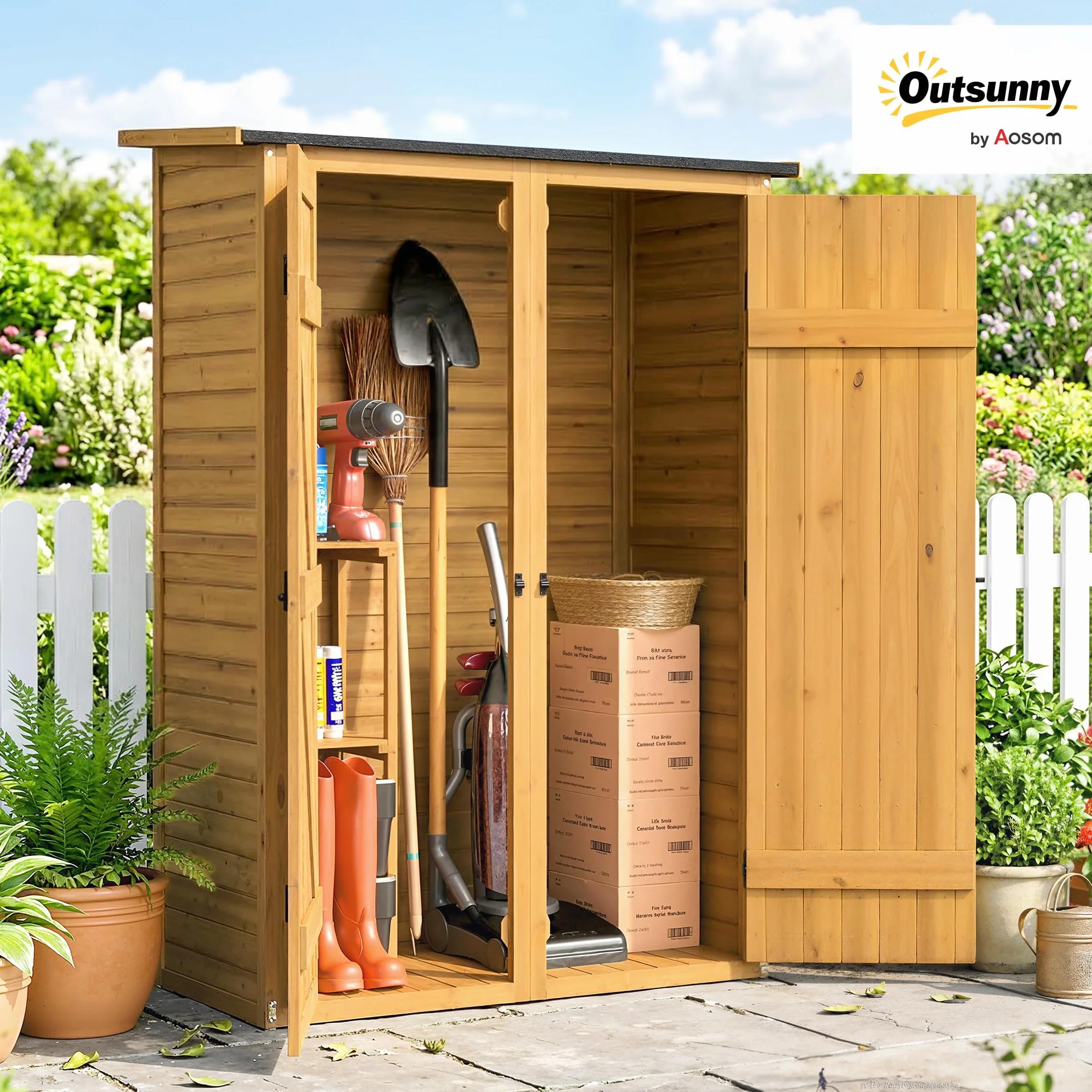 Outsunny Armadio da Giardino Legno Abete Casetta Attrezzi 2 Ripiani Doppia Porta Chiavistelli Tetto Inclinato 115x53x156 cm Marrone