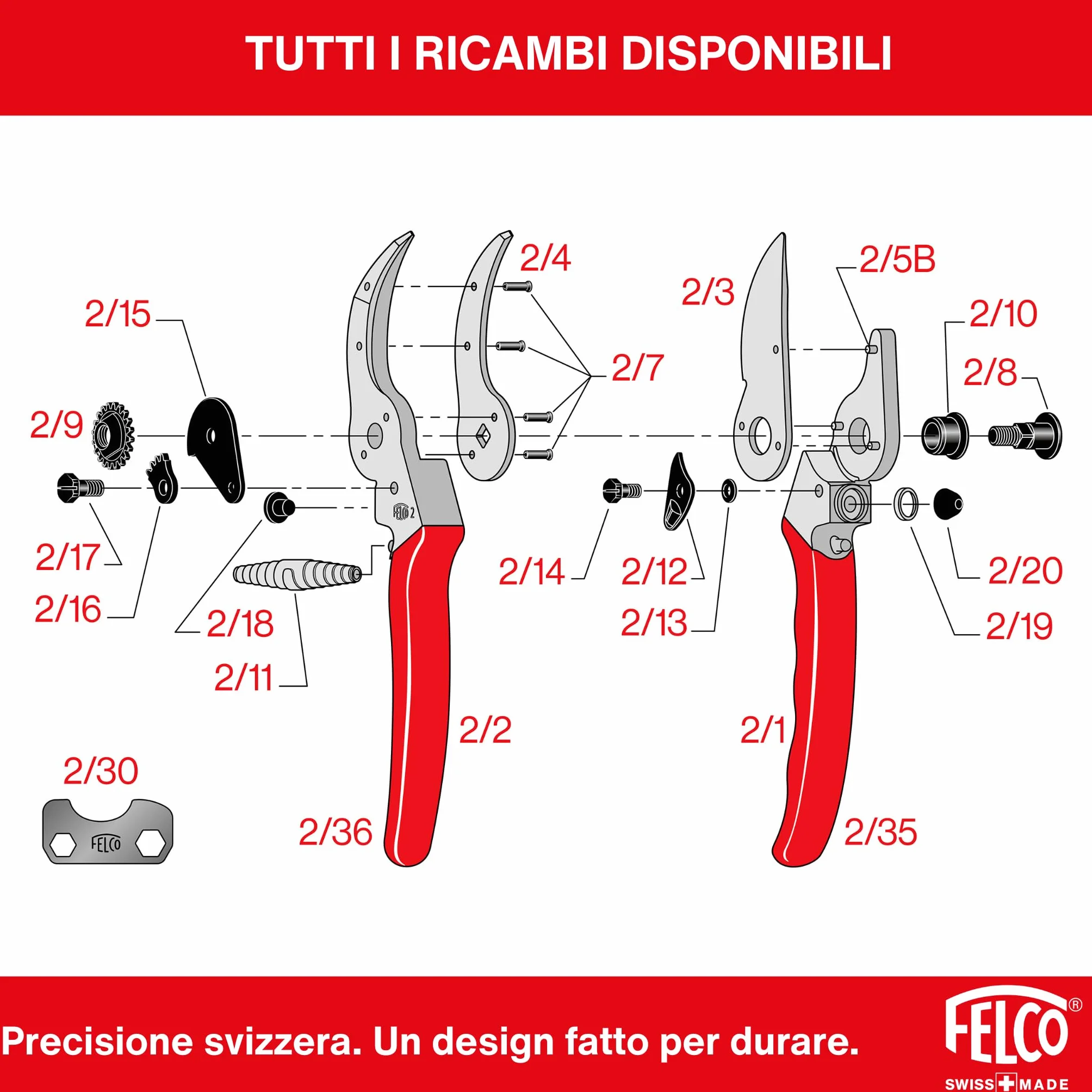 FELCO 2 Cesoia da Potatura Bypass, Mano Destra, Mano Grande, Capacità di Taglio 25mm, Lama in Acciaio Temprato, Manico in Alluminio Forgiato, Made in Switzerland, Garanzia a Vita