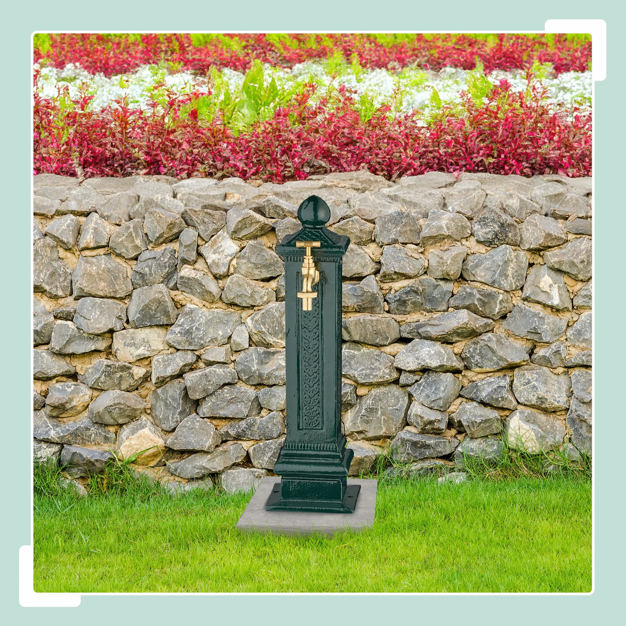 Relaxdays Fontana da Giardino in Stile Antico, Fontanella a Colonna con Rubinetto Acqua, HLP: 47x14x18,5 cm, Verde Scuro