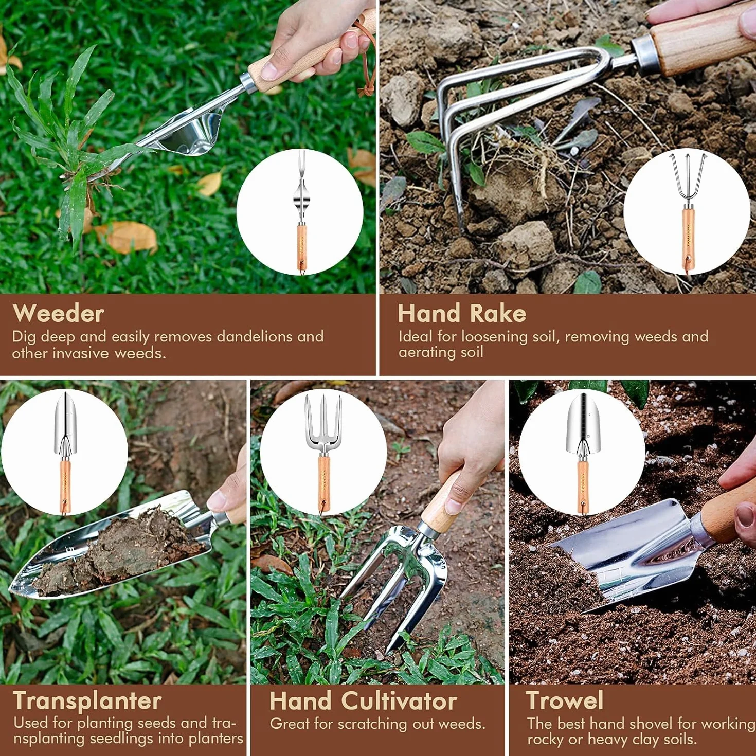 YAUNGEL Set di attrezzi da giardinaggio, 10 pezzi in acciaio inossidabile ad uso intensivo con manico in legno antiscivolo, strumenti da giardinaggio per donne e uomini, Verde