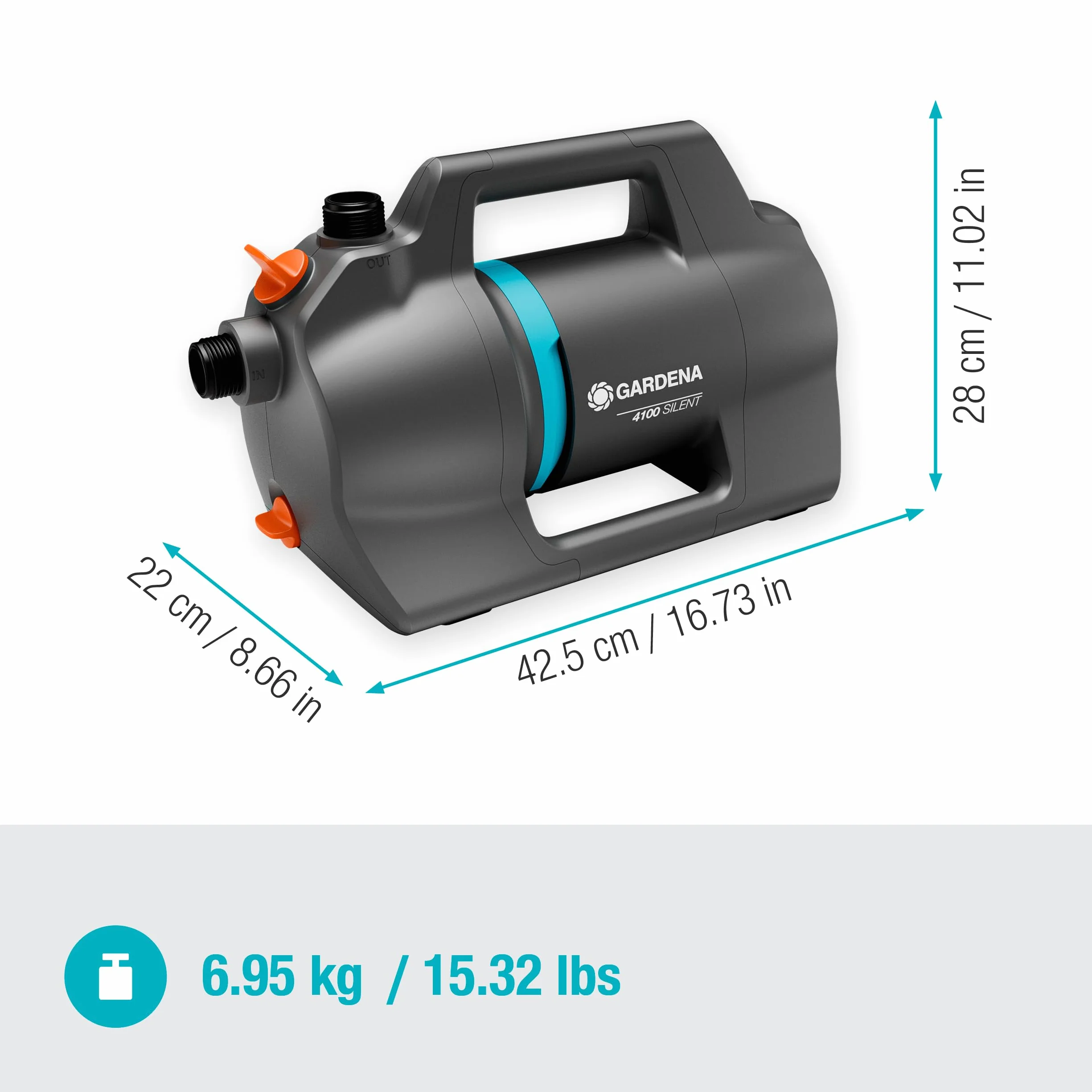 Pompa da giardino Gardena 4100 Silent: Pompa per irrigazione molto silenziosa e innovativa, portata 4100 l/h, motore da 550 W, 3,6 bar, impermeabile, a risparmio energetico (9050-20)