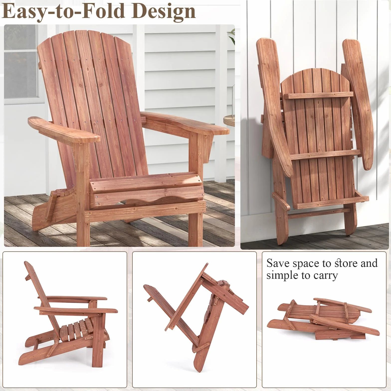 KOMFOTTEU Sedia Adirondack Pieghevole in Legno di Abete, Portata 180kg, Naturale, 2 Pezzi