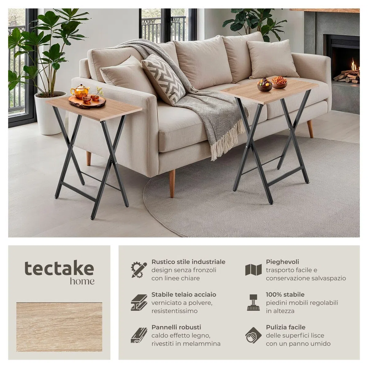 tectake 801167 Set di 2 tavolini Phoenix, Pannello in truciolato effetto legno, Stabile telaio in acciaio (Industriale legno chiaro, rovere Sonoma)