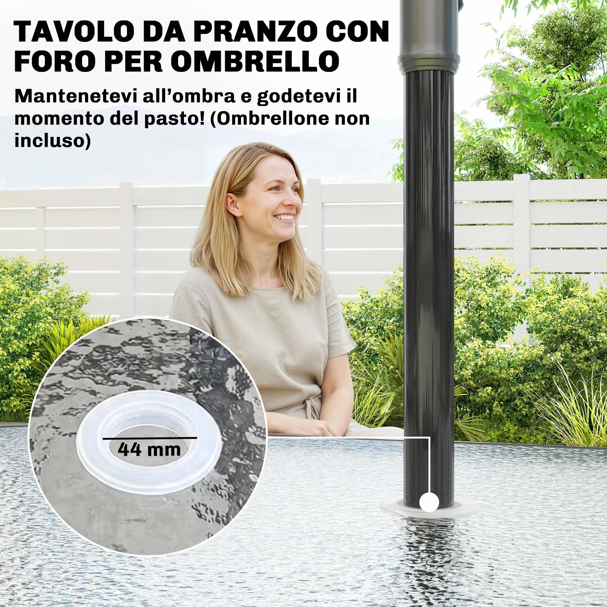 Outsunny Set Tavolo e Sedie da Giardino 5 Pezzi, Set Pranzo Esterno con 4 Sedie Impilabili Texteline, Tavolo Vetro Temperato, Foro Ombrellone, Acciaio, Grigio Chiaro