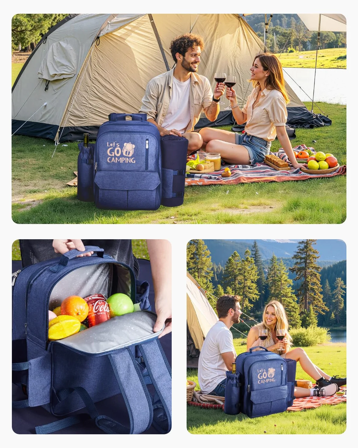 VEVOR Zaino da Picnic per 4 Persone, Capacità di 20 L Borsa da Picnic da Spiaggia con Portabottiglie Vino Staccabile, Coperta Leggera, Piatti e Sei di Posate per Esterni, Blu Marino