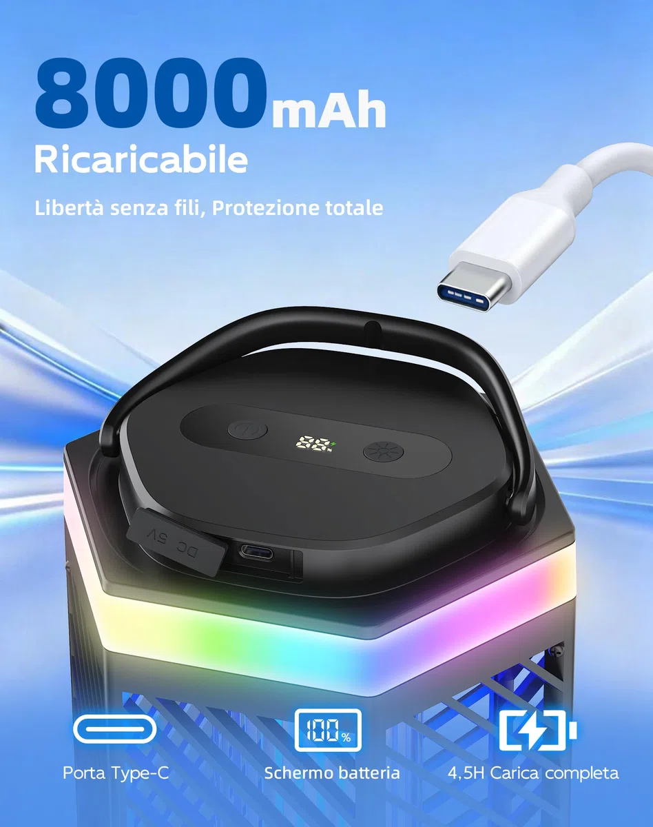 Lampada Antizanzare Elettrica Ricaricabile 8000mAh, Ammazza Zanzare 3 in 1 con Luce LED e RGB, 2000V Trappola per Insetti da Esterno e Interno, IPX4 Impermeabile per Casa, Camping