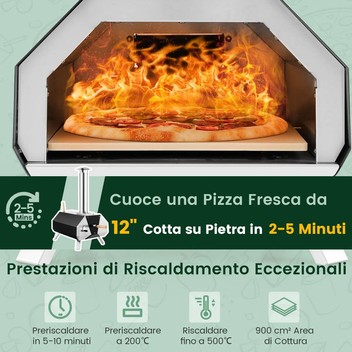 COSTWAY Forno per Pizza da Esterno a Legna con Pala, Pietra e Gambe Pieghevoli, Modello 8