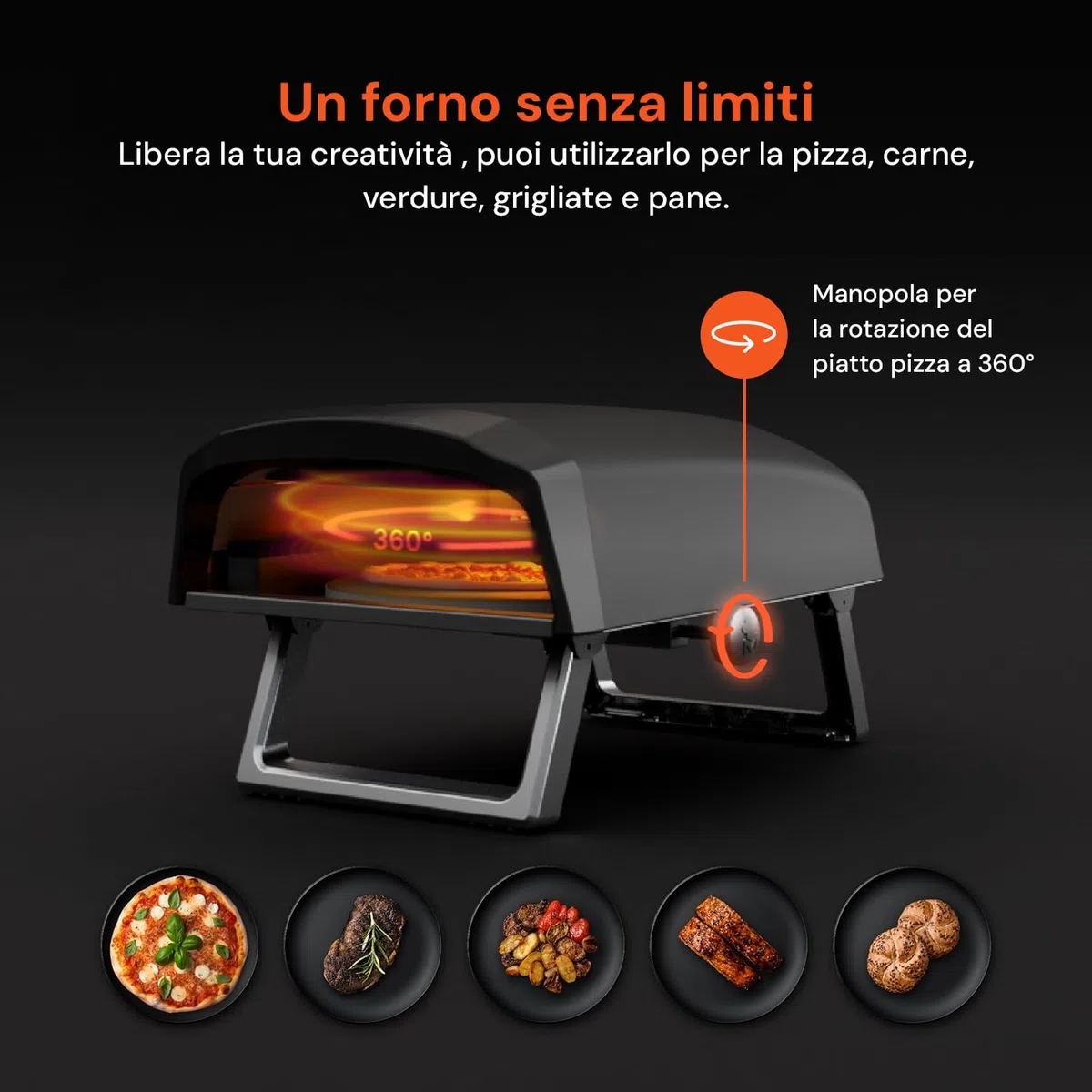Avilia Forno Pizza a Gas 4000W 64x44x31,5cm Acciaio Inox Doppio Bruciatore Piatto Rotante 360°