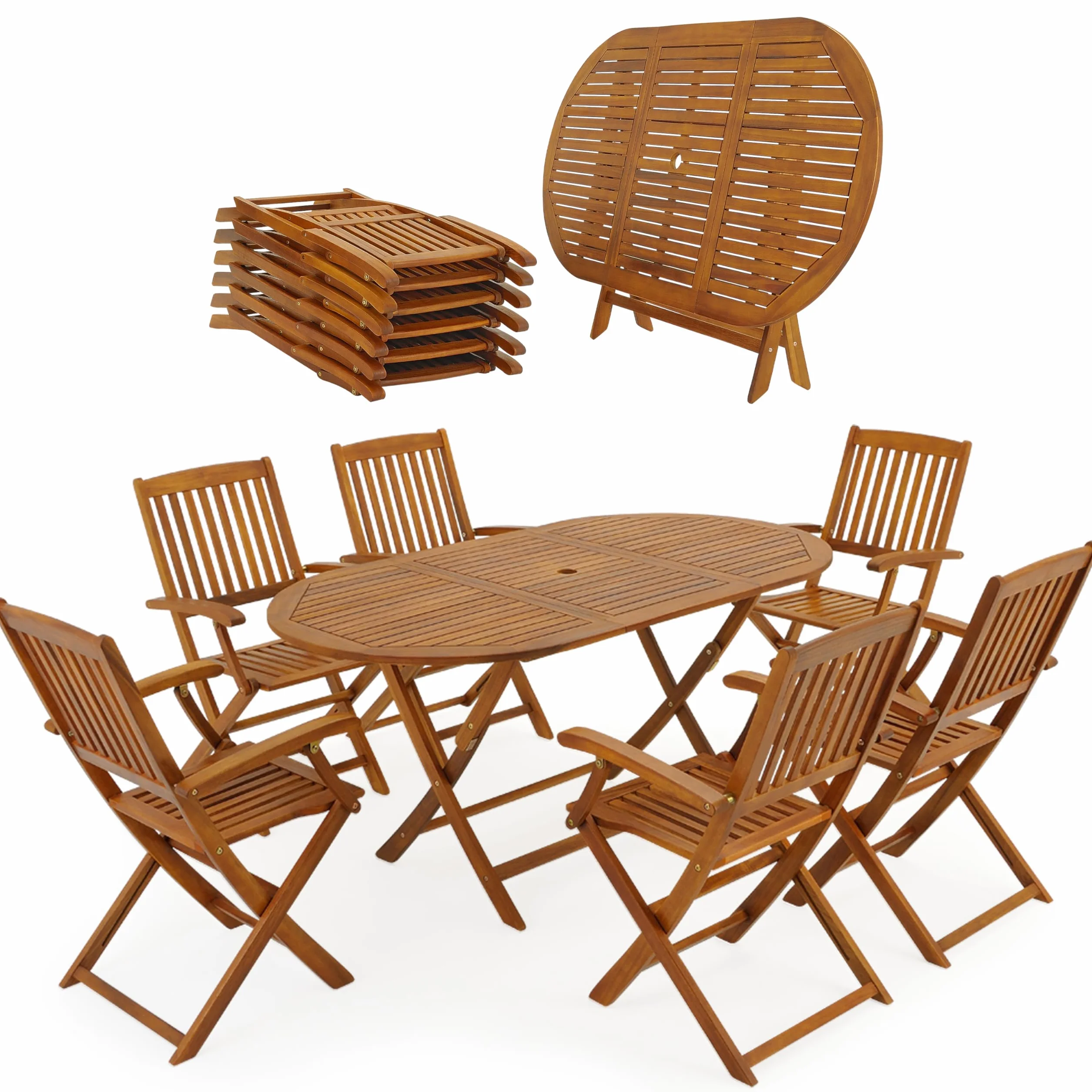 Casaria Set 1 Tavolo 6 Sedie da Giardino 160x85 cm Legno di Acacia Pieghevole Salvaspazio con Foro Ombrellone 7 Pezzi