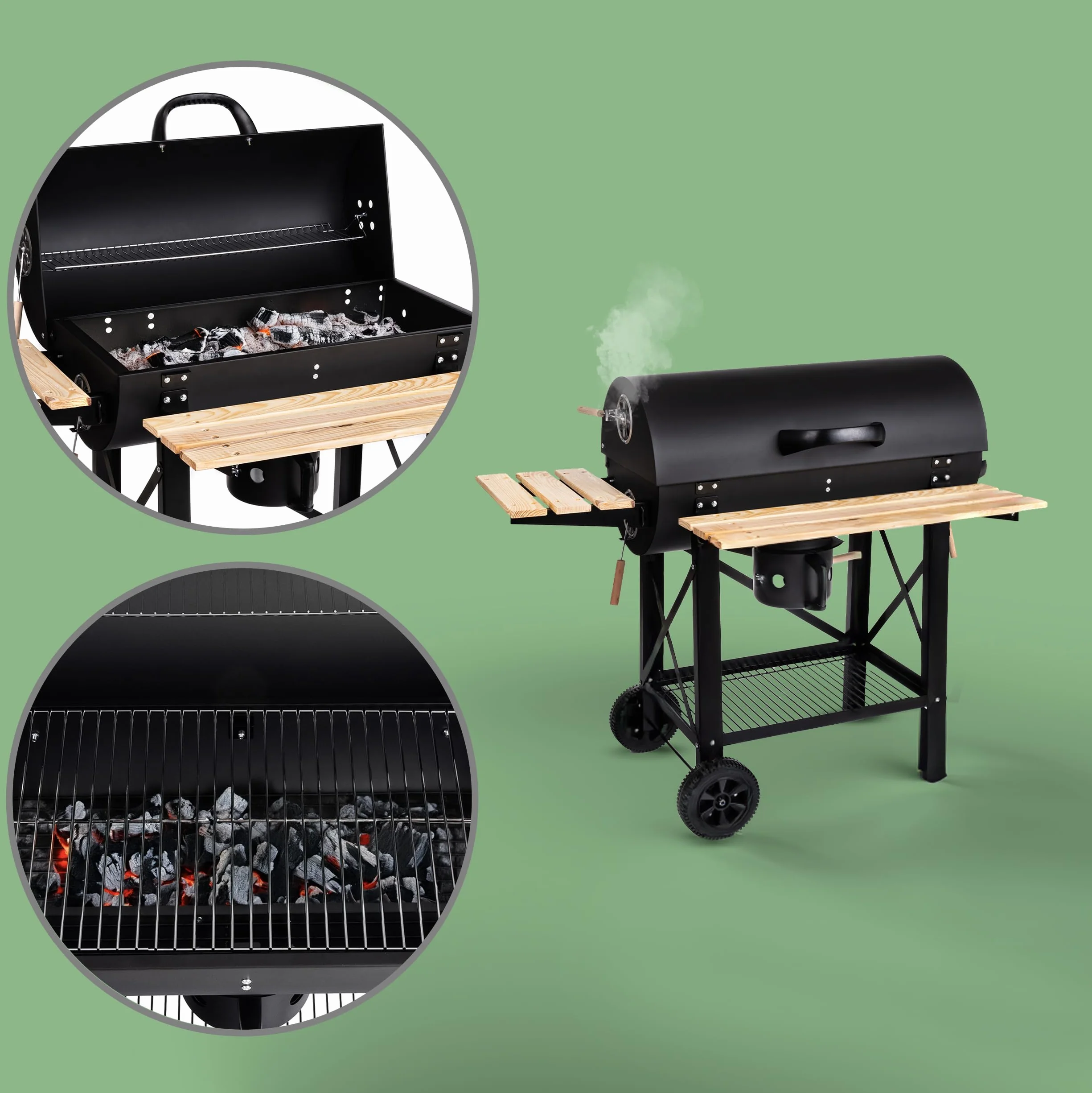 LEHMANN Barbecue a Carbonella con Griglia XL, Carrello Grill con Due Ripiani in Legno