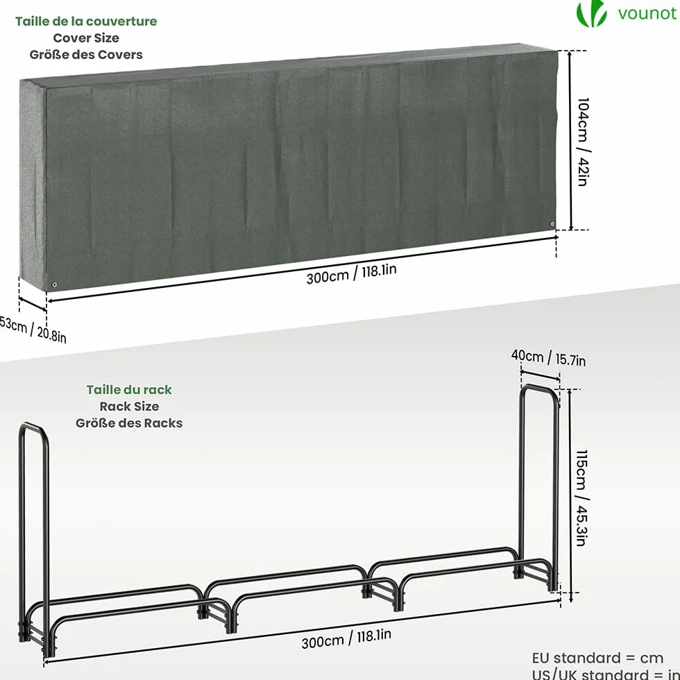 VOUNOT Legnaia da Esterno in Metallo 300 x 116 x 36 cm Verde Portalegna con Copertura Impermeabile