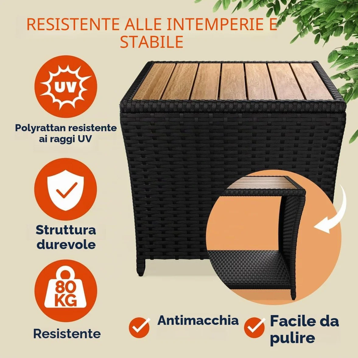 Casaria Tavolino da Esterno in Legno Polyrattan Acacia 45x45x40cm Carico Max 80kg