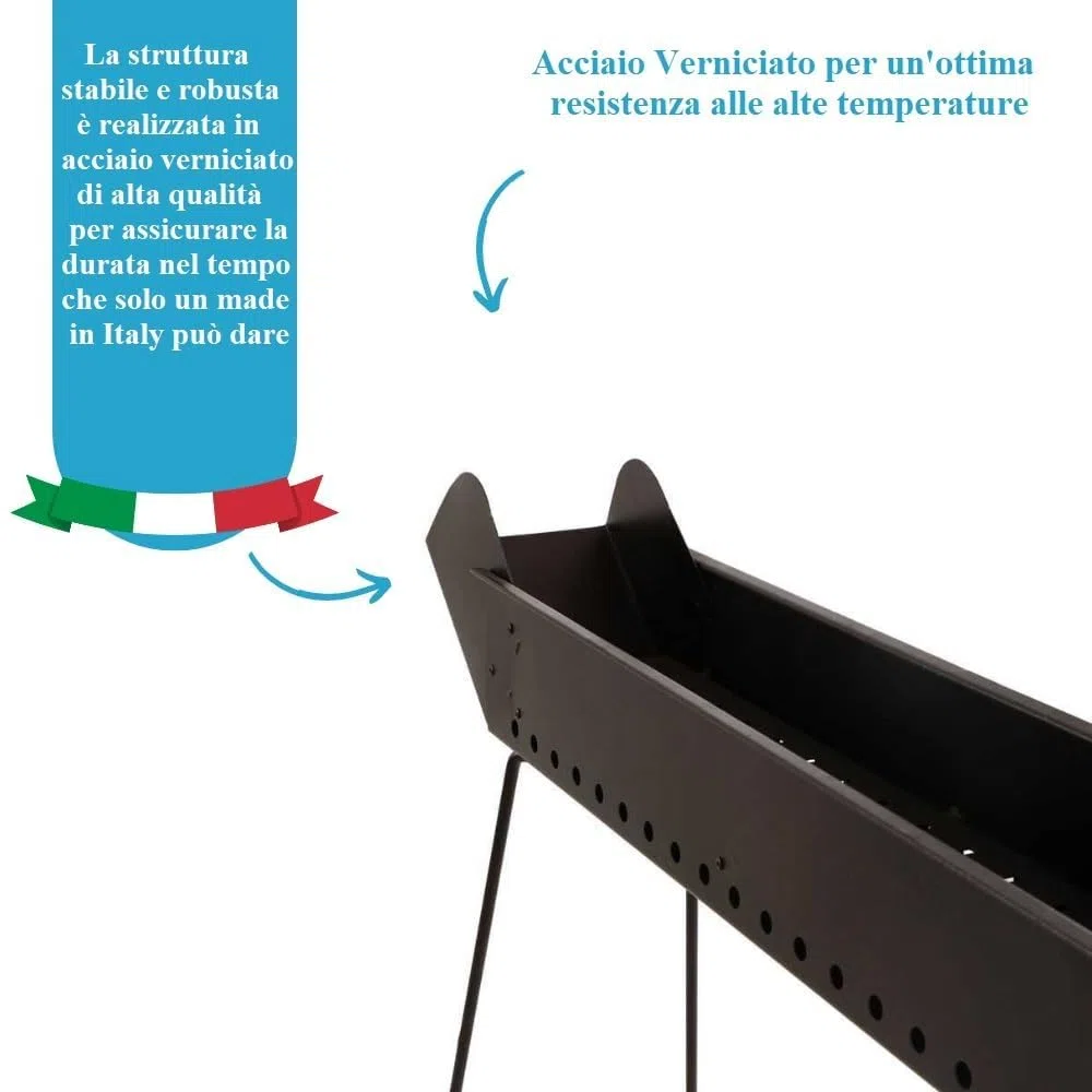 Paluplus Barbecue per Arrosticini in acciaio verniciato Nero, Misura 100x14x75 cm, Canaletta a 4 Gambe Pieghevoli, Grill a carbone per Spiedini con Fori di Ventilazione, Made in Italy -029