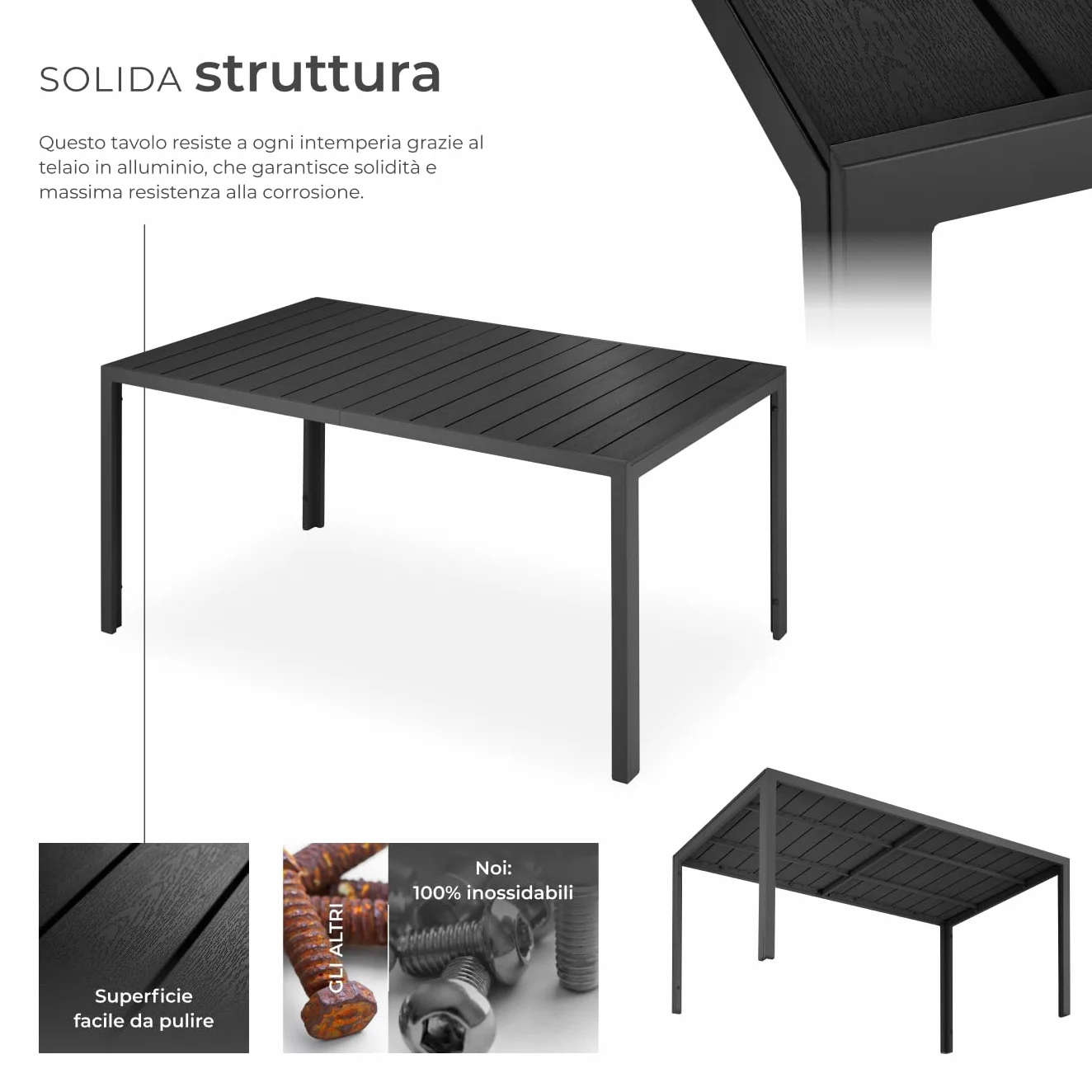 Tectake Tavolo da Giardino Rettangolare Alluminio Inossidabile 150x90x74,5 cm Nero