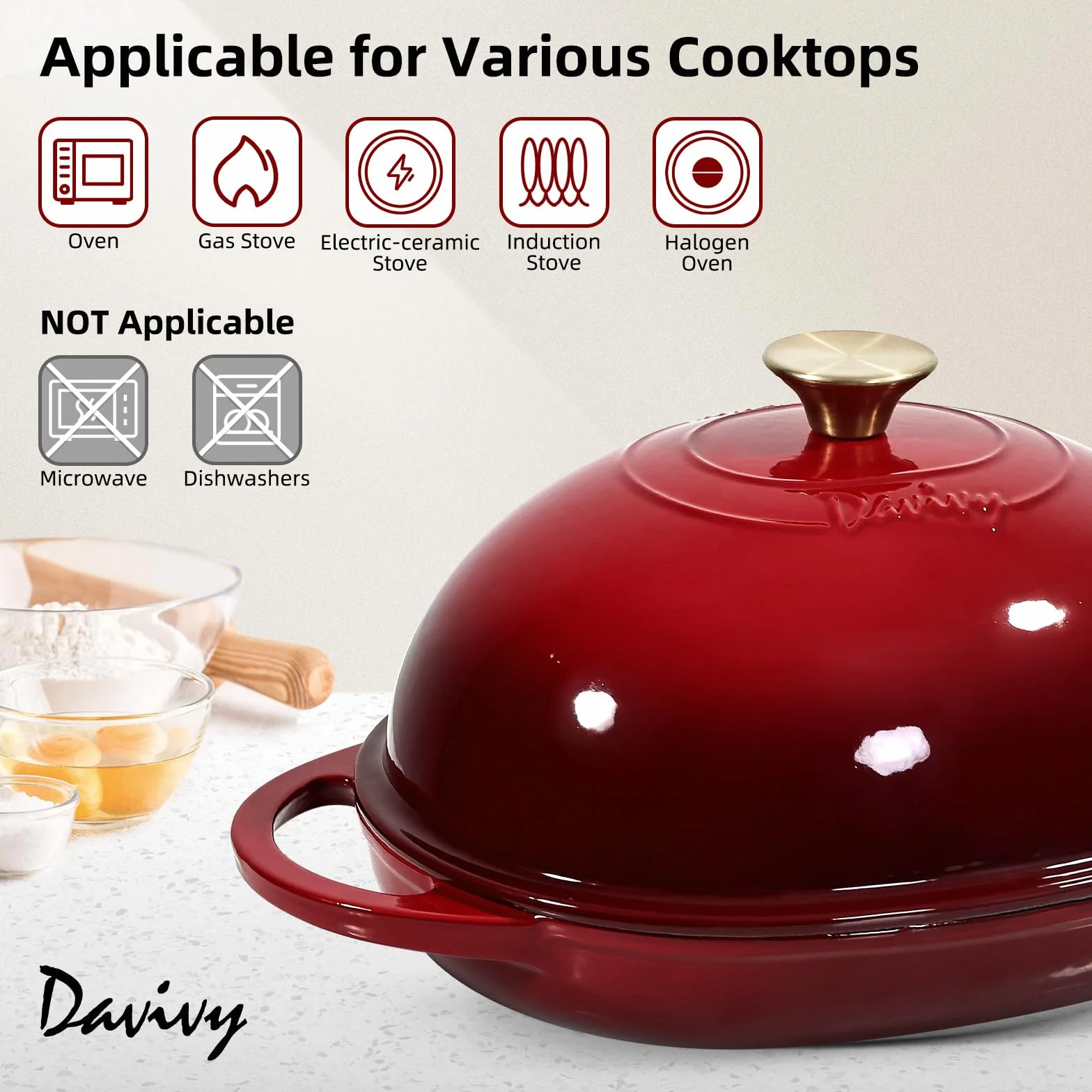 Davivy Forno olandese ovale in ghisa smaltata da 5,5 l, per pane a lievitazione naturale, pentola olandese con coperchio a cupola, pentola per il pane in ghisa (rosso rubino, con tappetino in silicone
