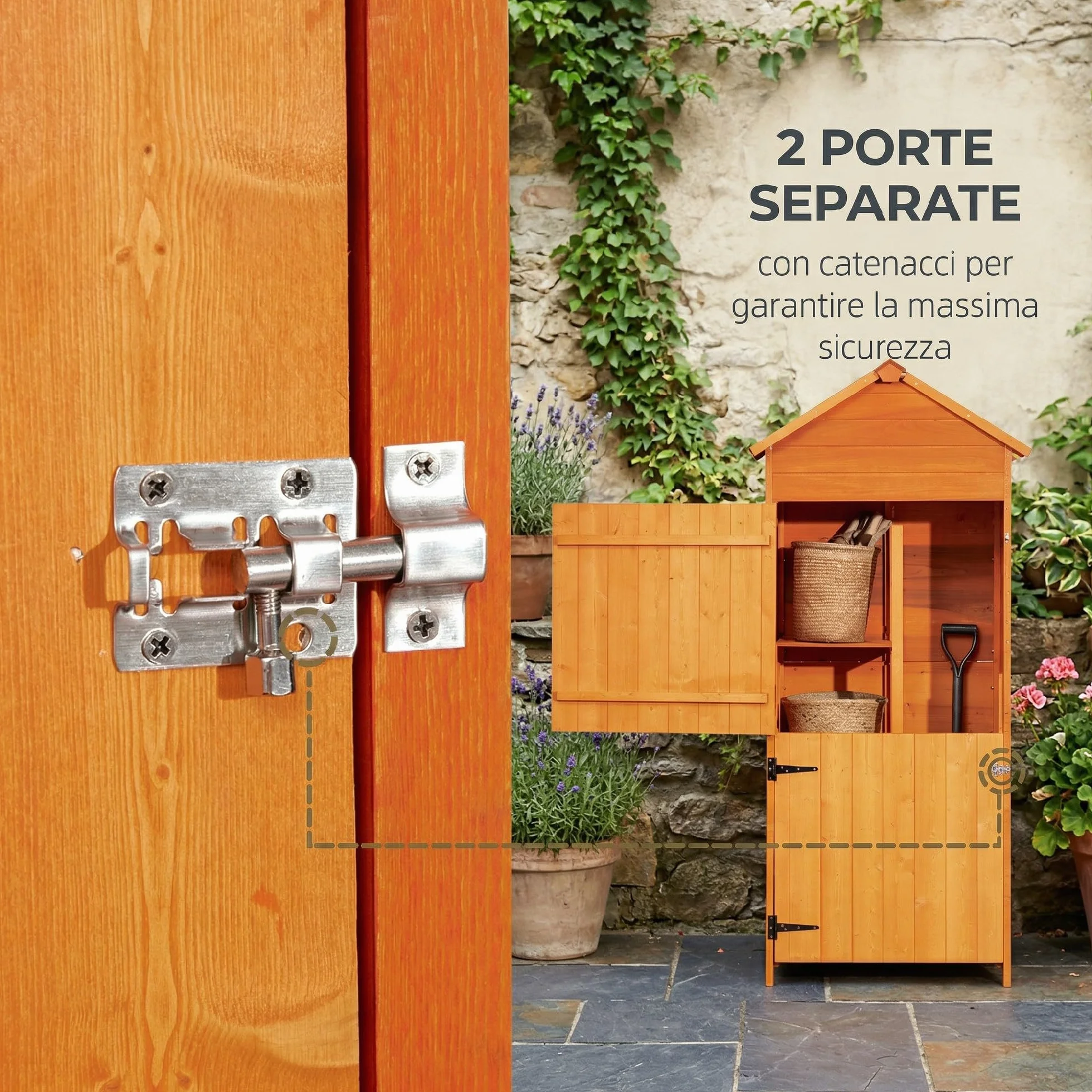 Outsunny Casetta da Giardino in Legno 2 Ante Armadio da Esterno 3 Ripiani 84x52x188cm