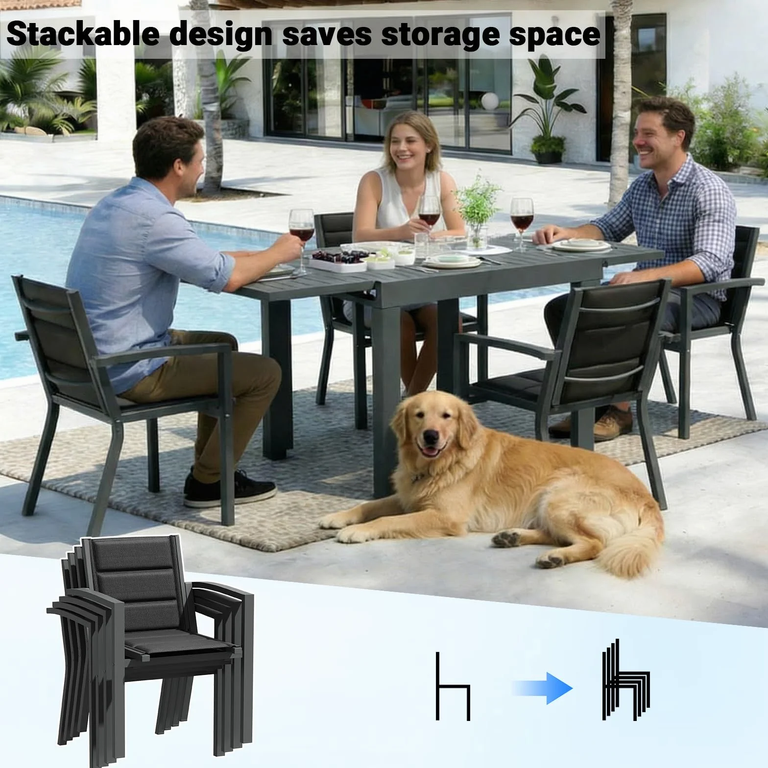 JUMMICO Set Tavolo e Sedie Da Giardino In Alluminio, 6 Sedie Impilabili e Tavolo Allungabile 80-160CM, Set Da Giardino Esterno