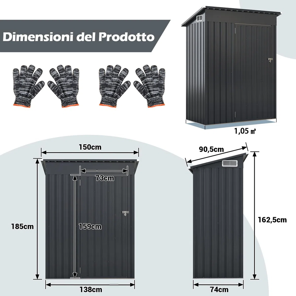 RELAX4LIFE Casetta da Giardino per Attrezzi,150x88x185 cm in Lamiera d'Acciaio e e Lamiera Zincata con Doppie Porte, Tetto Inclinato, per Porta Attrezzi, Tosaerba, 2 Paia di Guanti (GRIGIO 2)