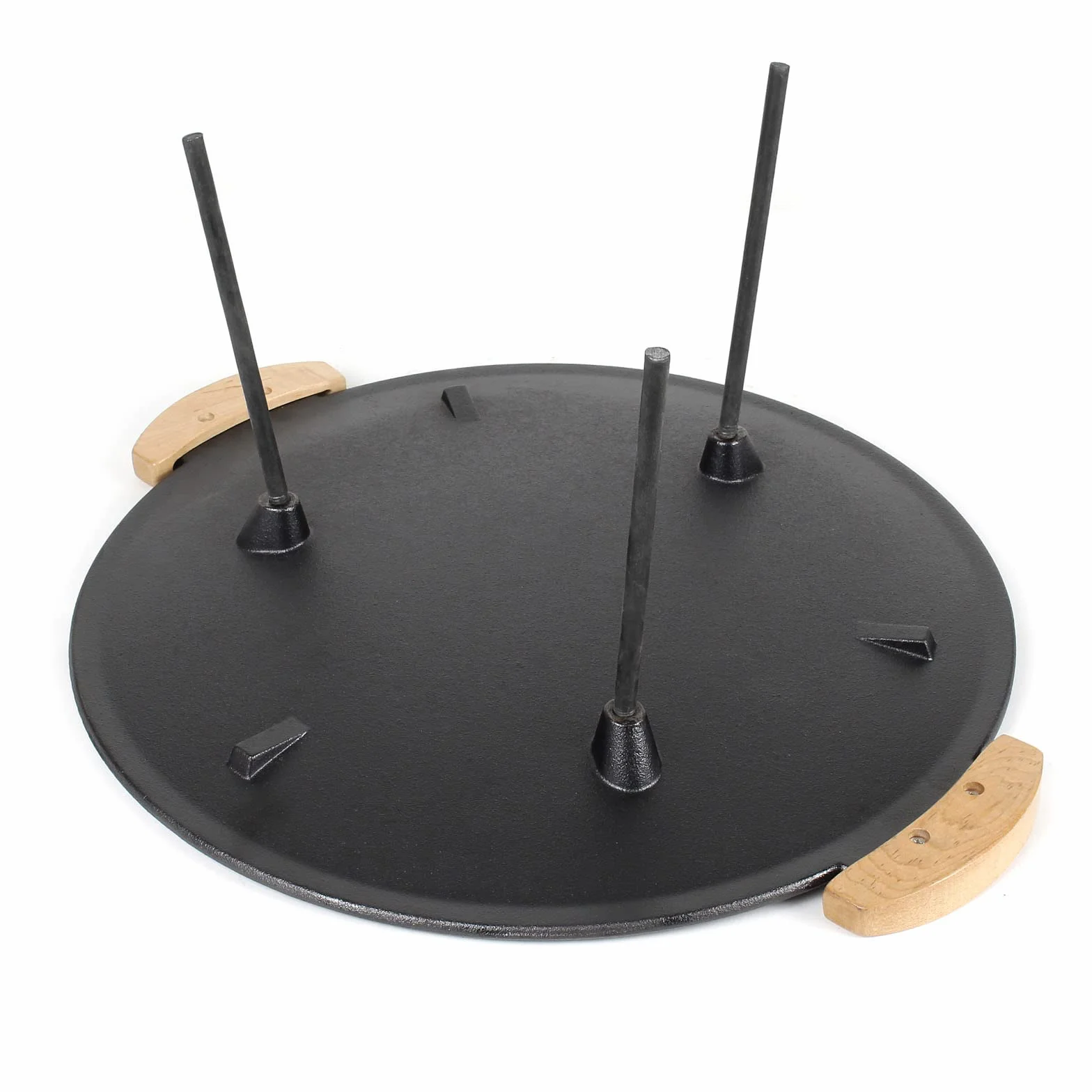 Wiltec Piastra per barbecue fuoco in ghisa, liscia, rotonda Ø44cm altezza 44 cm manici in legno piedi 20 e 32cm