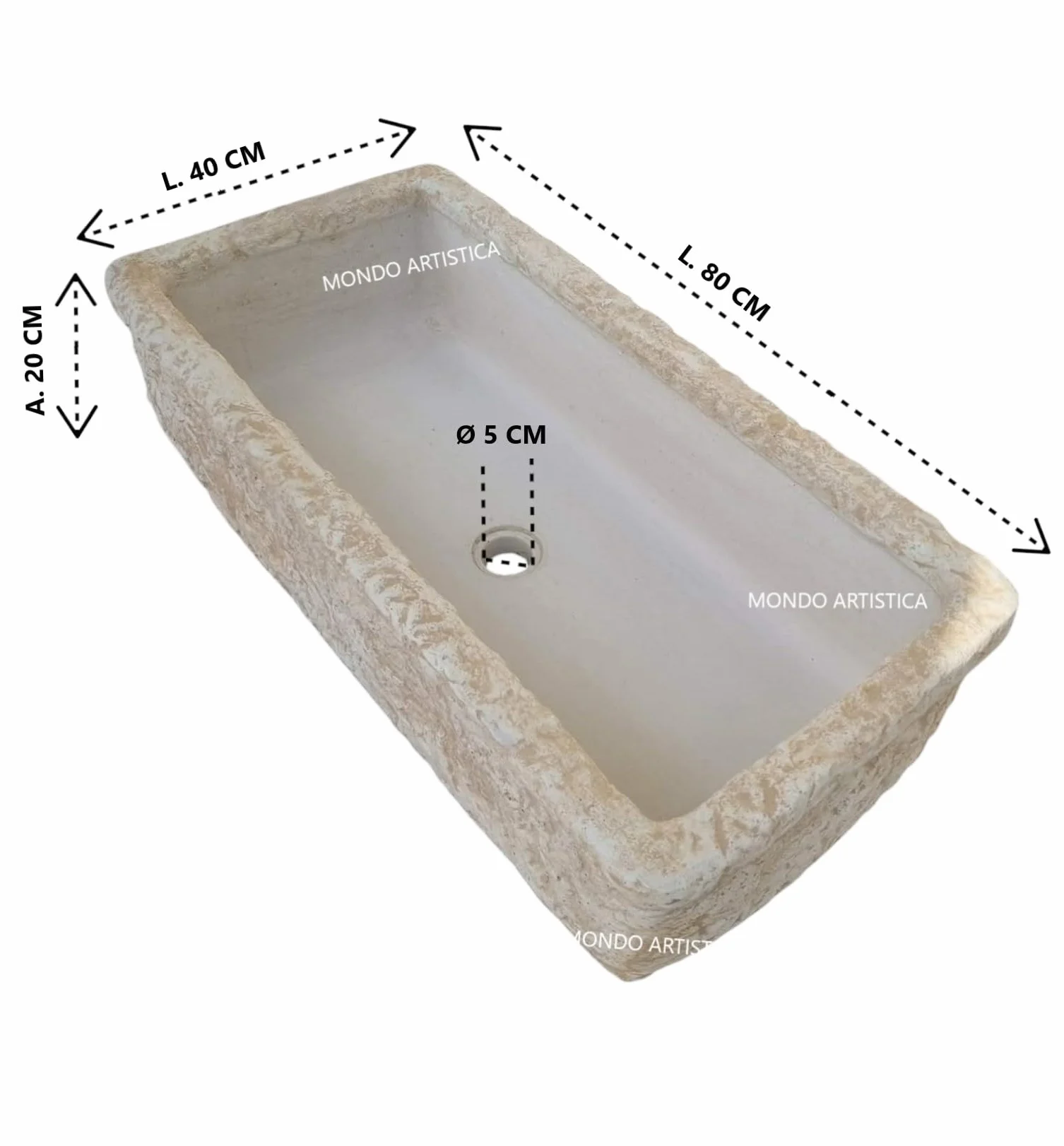 Lavandino, Lavabo, Pilozzo, Vasca Unica, Fontana Da Esterno, Per Giardino Altezza 22 cm, Larghezza 80x40 Cm, In Cemento Bianco E Polvere Di Marmo, Colore Sfumato Beige