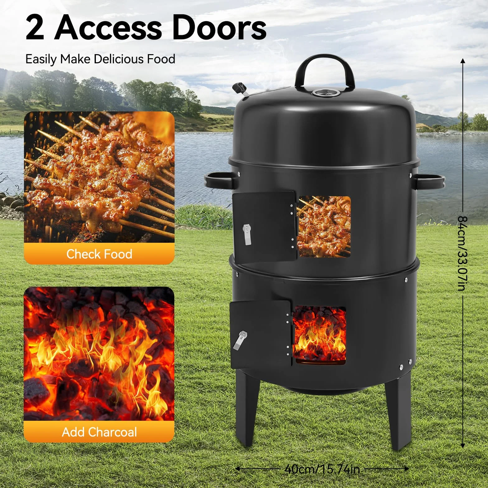 Affumicatore 3 in 1 84 cm Barbecue a Carbone di Legna con Termometro