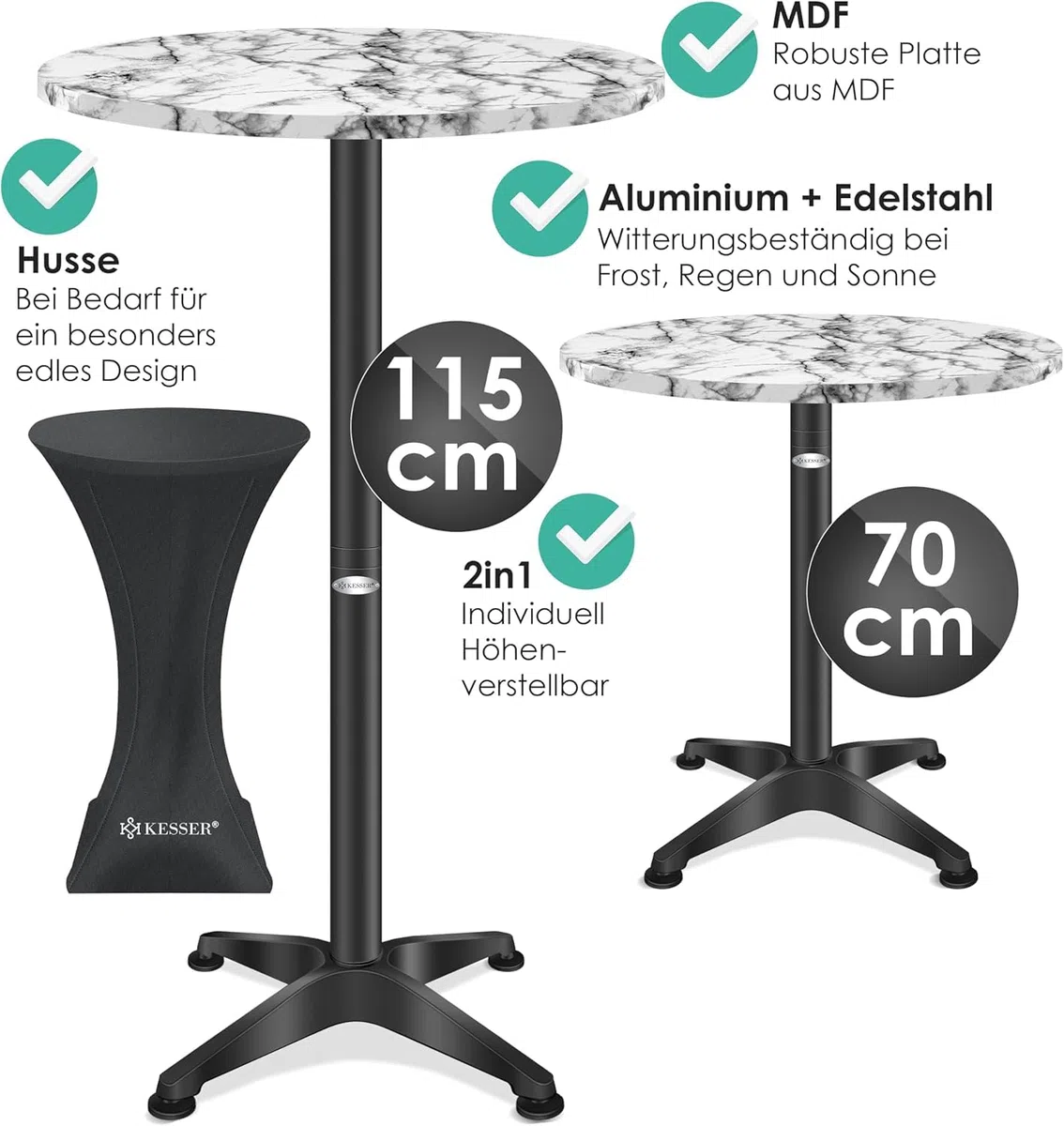 KESSER® Tavolo da bistrot 2 in 1, set da 1 pezzi, piastra in alluminio in acciaio inox, altezza 70 cm/115 cm, tavolo per feste, diametro 80 cm, per interni ed esterni, tavolo da ricevimento, tavolo