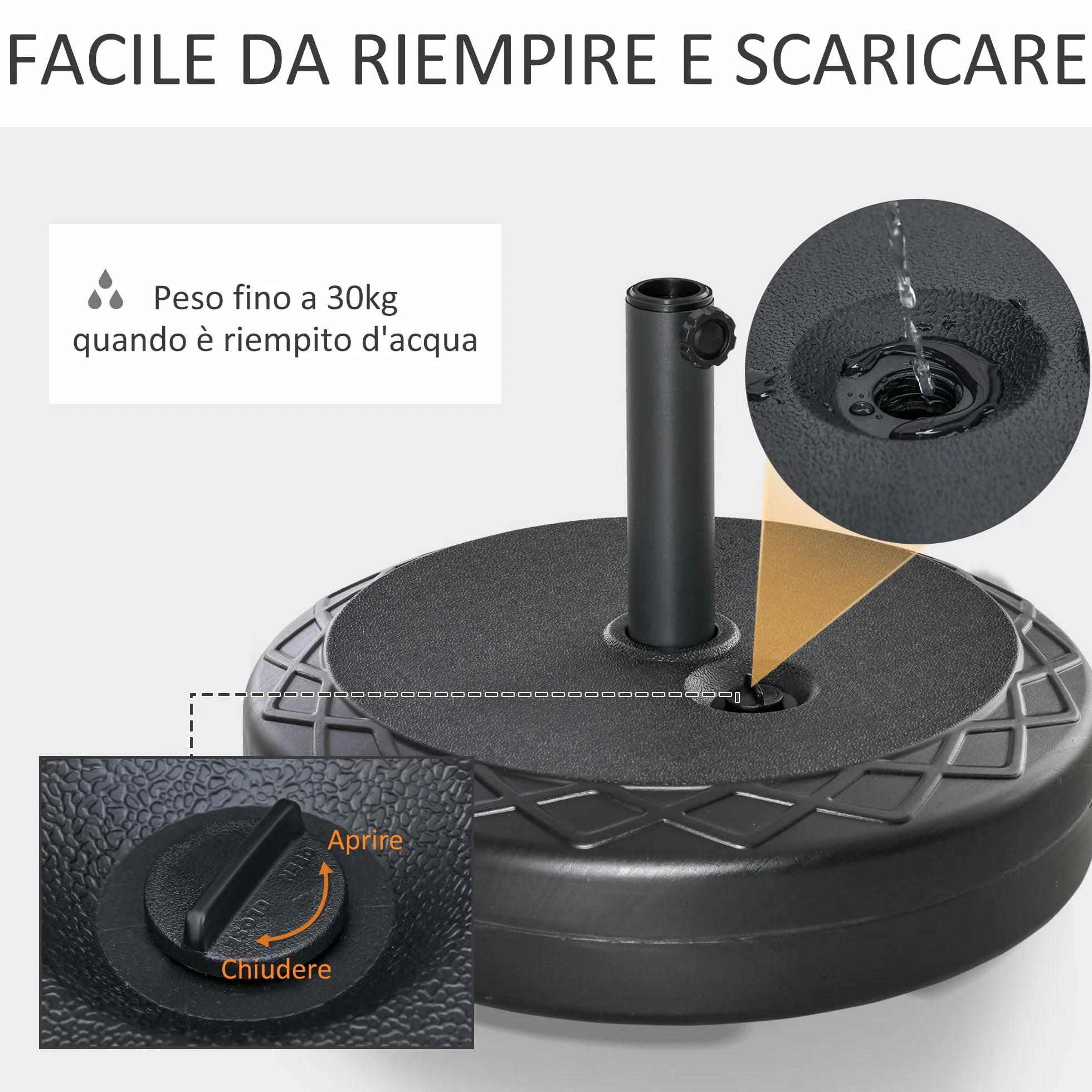 Outsunny Base per Ombrellone da Giardino Rotonda Φ55cm, Basamento da 30kg da Riempire con Acqua per Pali da 38mm, 48mm, Nero