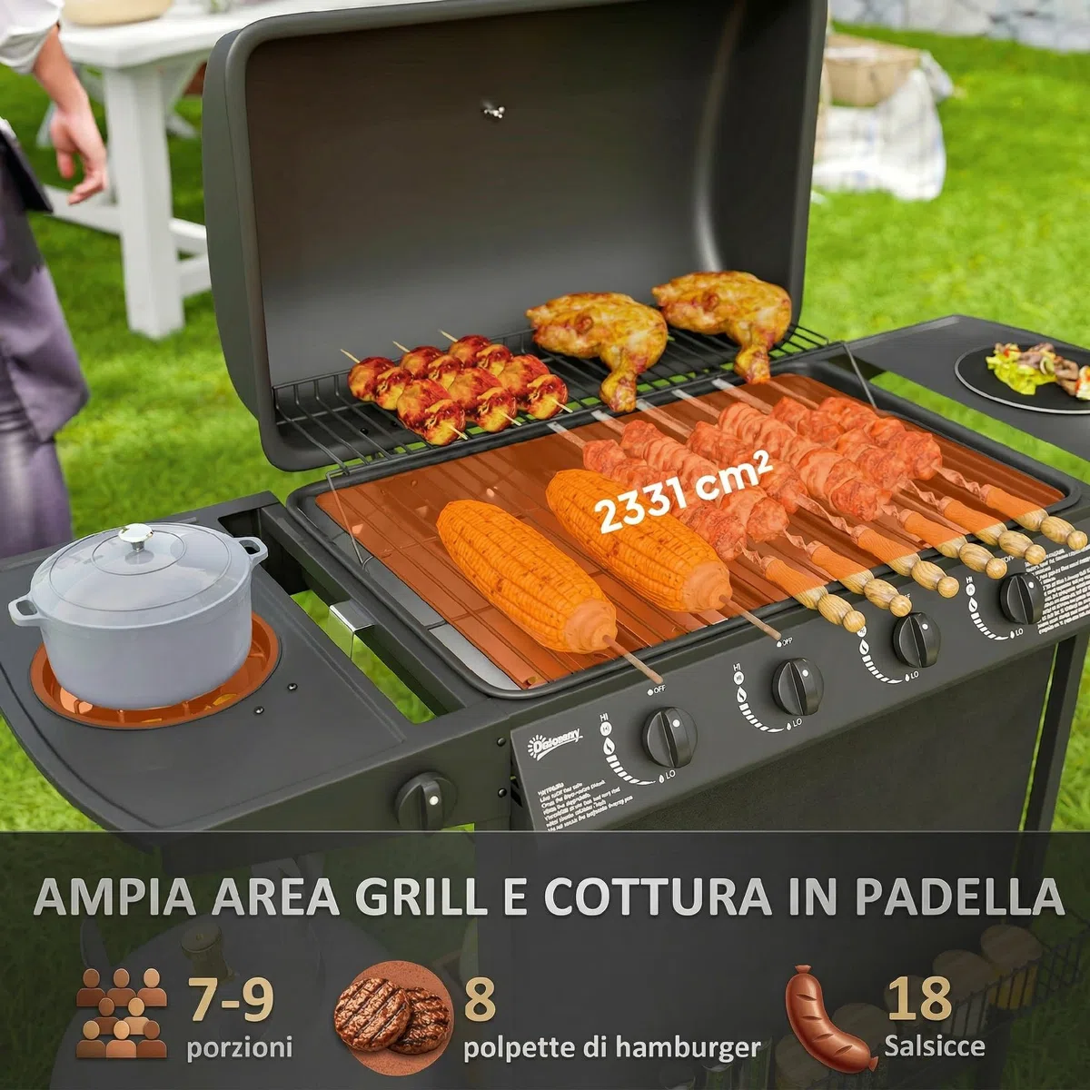 Outsunny Barbecue a Gas 4+1 Bruciatori con Coperchio e Termometro, Griglie, Tavolino Laterale, Nero