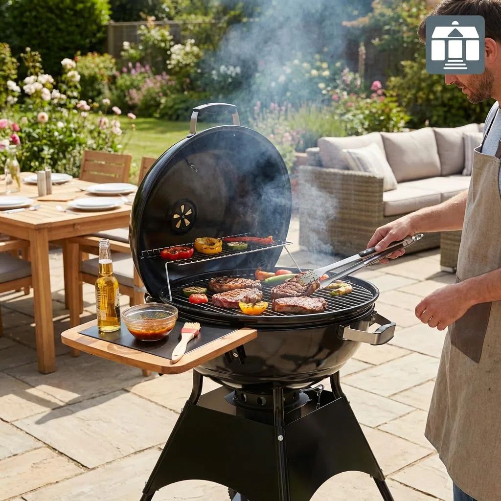 Tarrington House Barbecue a Carbone Burnaby Ø 53 cm, Acciaio, con Tavolino Laterale Pieghevole, 2 Ruote, Nero