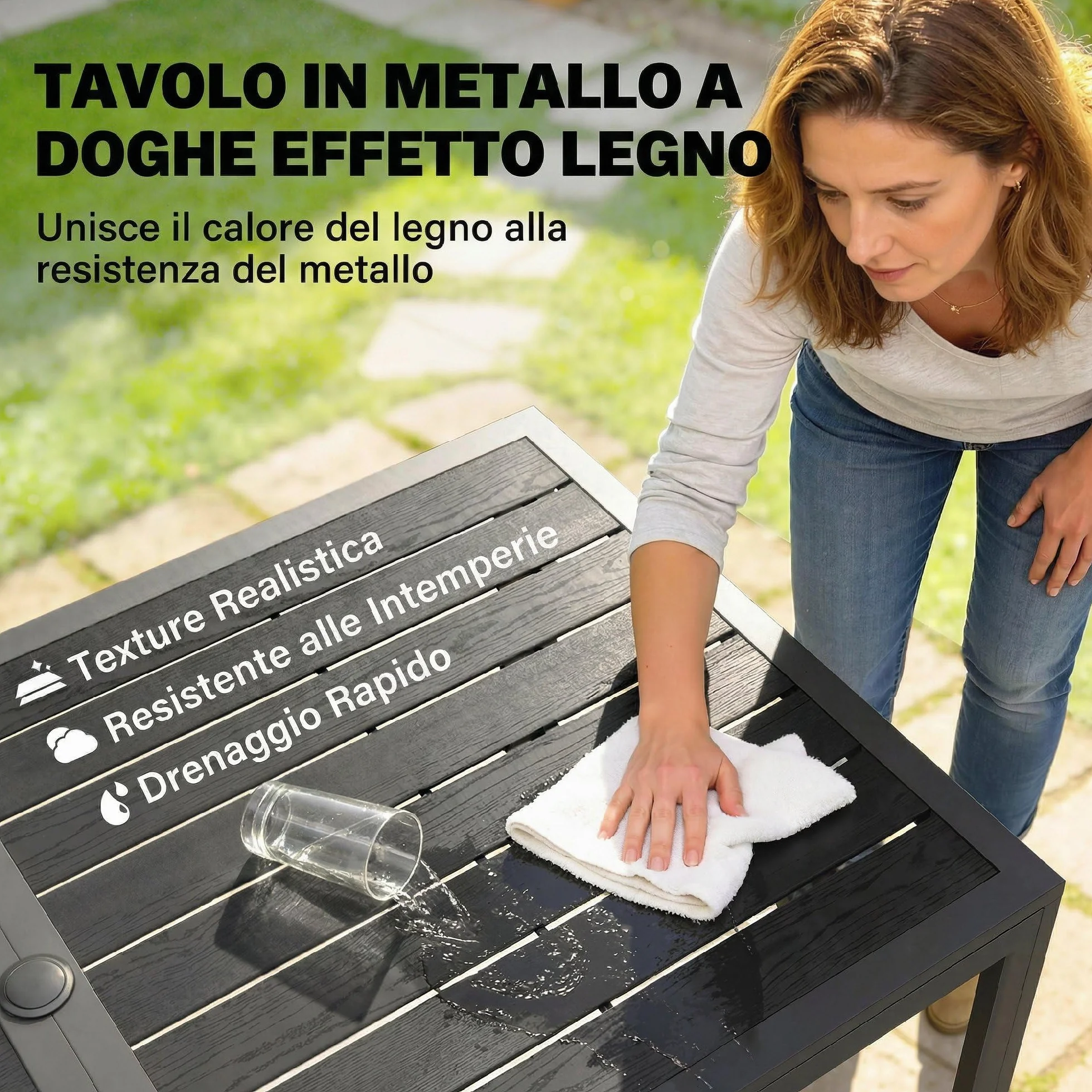 Outsunny Set Tavolo e Sedie da Giardino 7 Pezzi, Set da Pranzo Esterno con 6 Sedie Impilabili in Plastica Finto Rattan e Tavolo in Metallo Effetto Legno, Nero
