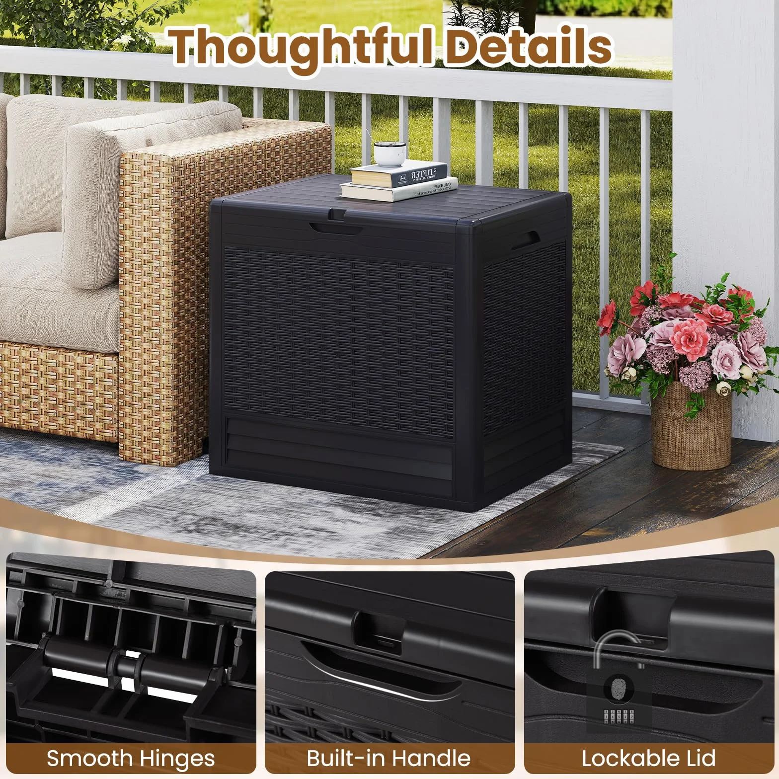 GIANTEX Contenitore da 96L, Scatola da Terrazza in PP Impermeabile per Uso Interno ed Esterno, Contenitore con Design in Rattan Chiudibile a Chiave per Consegna Pacchi (Marrone)