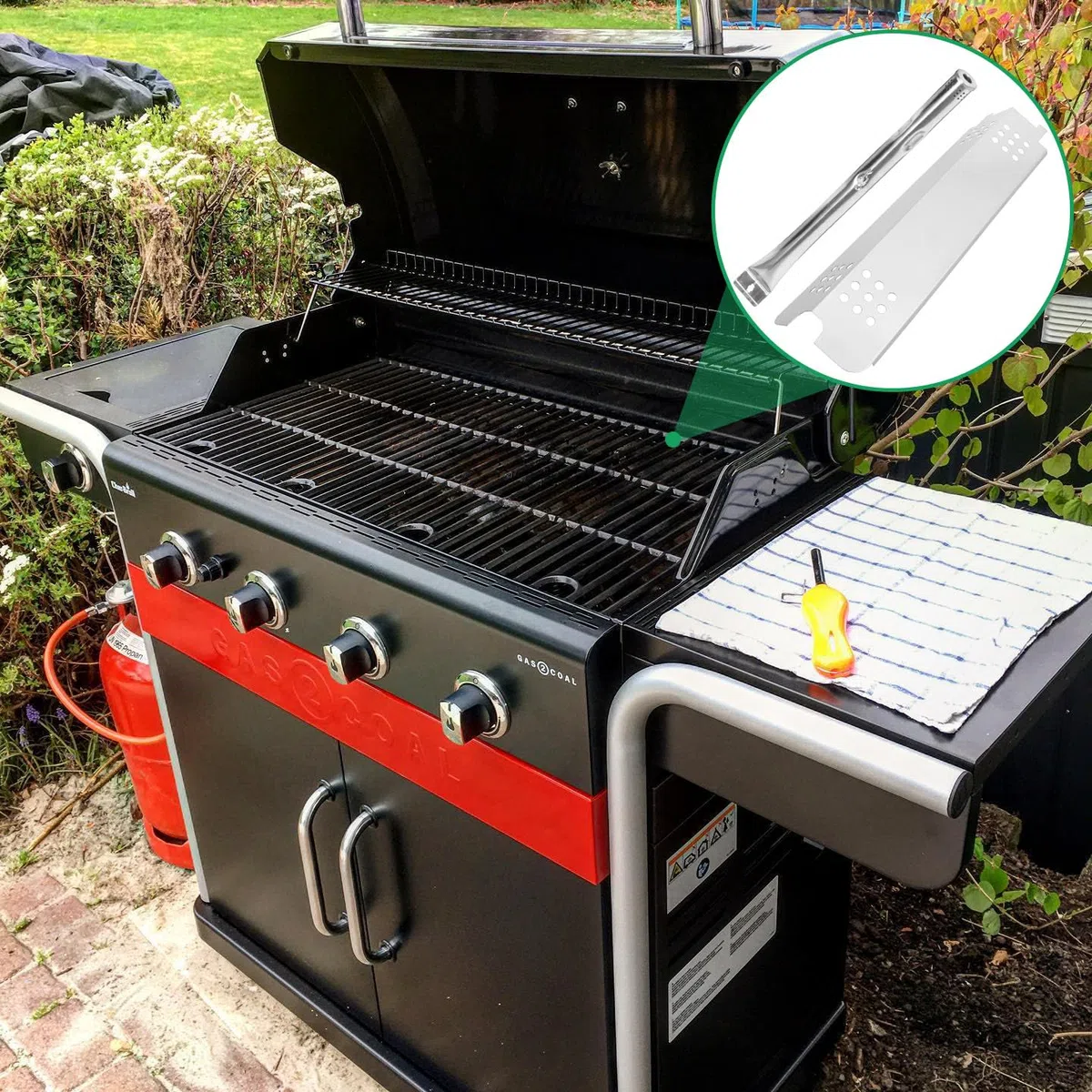 WELL GRILL Parti di ricambio per griglie ibride CharBroil a 3 bruciatori Gas2Coal, piastre riscaldanti, barre aromatizzanti e bruciatori per barbecue e kit di accessori per tubi crossover, in acciaio